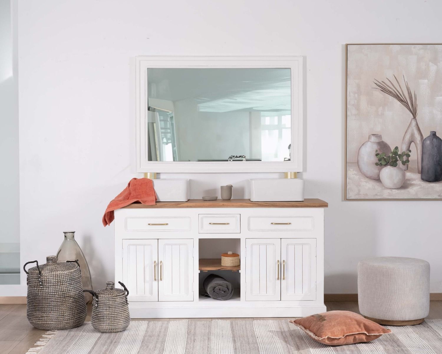 Grande specchio rettangolare 130x90 cm "Trégastel" cornice in acacia bianca