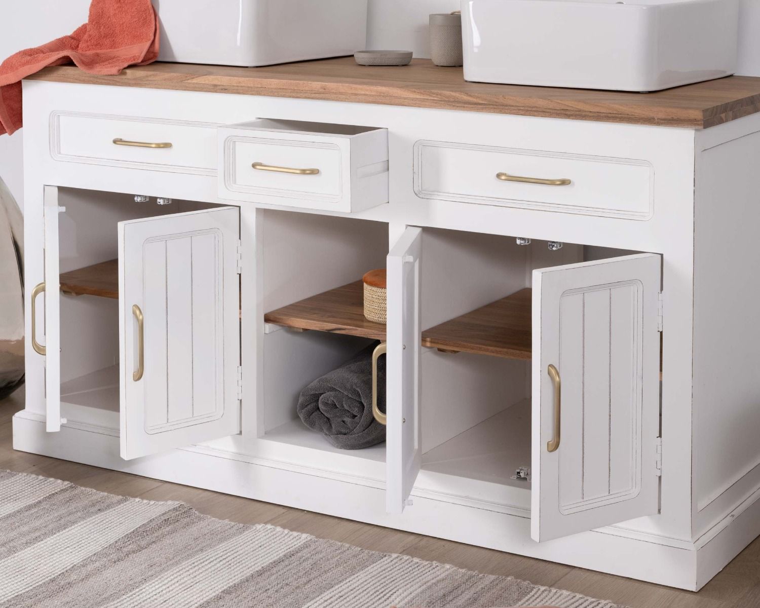 Mobile da bagno doppio in acacia bianca e naturale "Trégastel