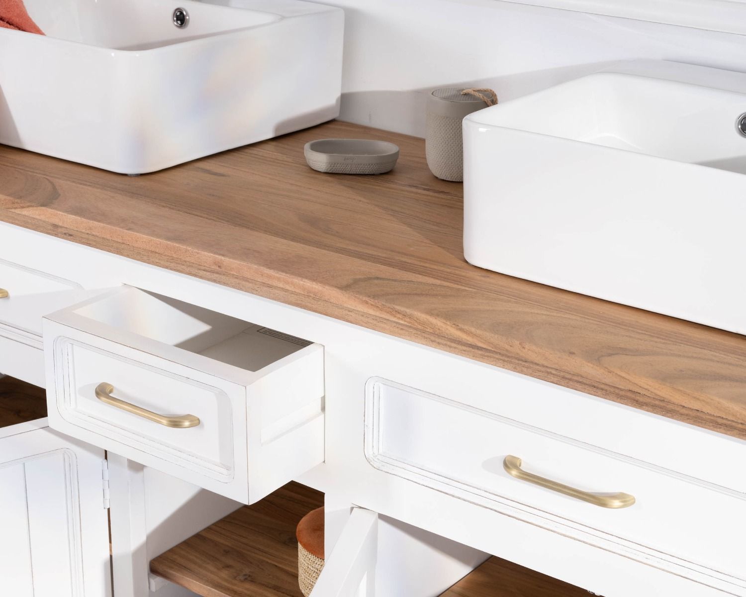 Mobile da bagno doppio in acacia bianca e naturale "Trégastel