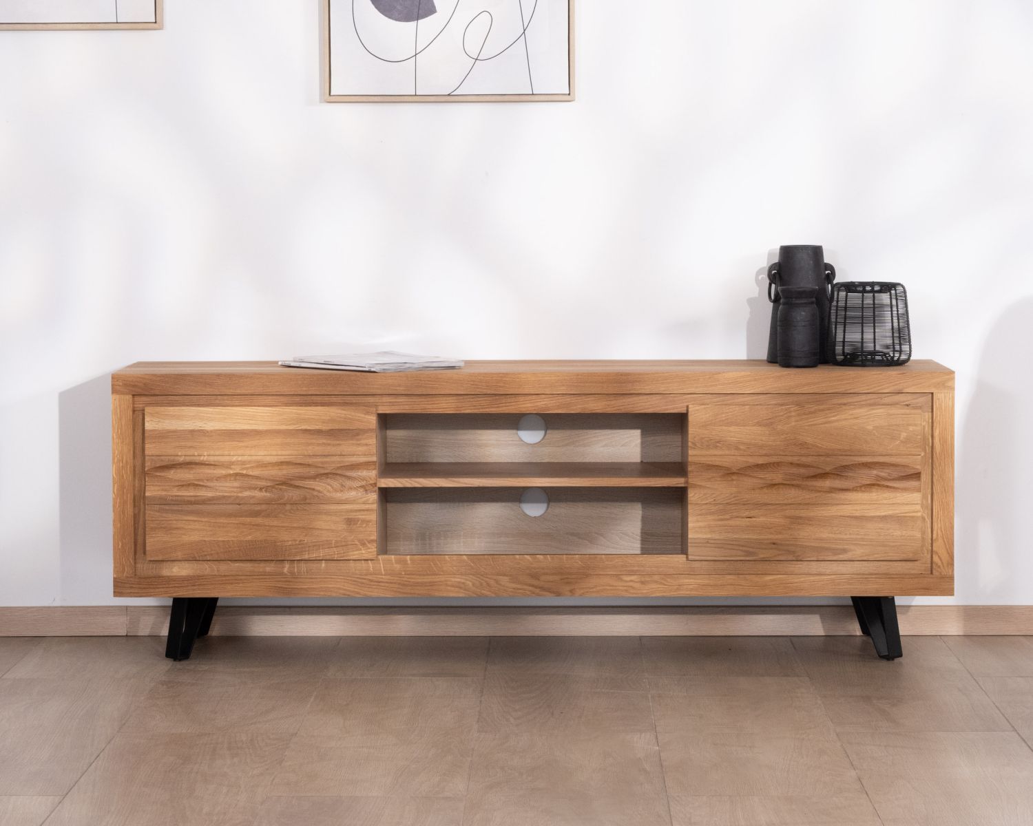 Mobile TV da 160 cm in rovere oliato "Wave" con nicchie centrali in stile Zen