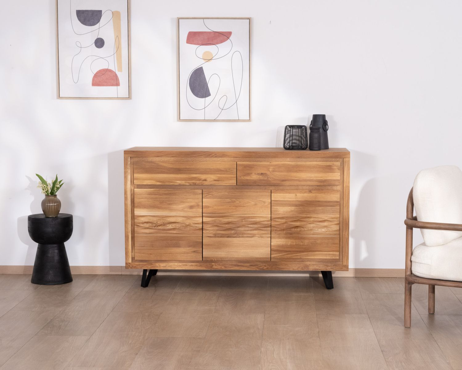 Credenza "Wave" a 3 ante in stile Zen in rovere oliato, 145 cm