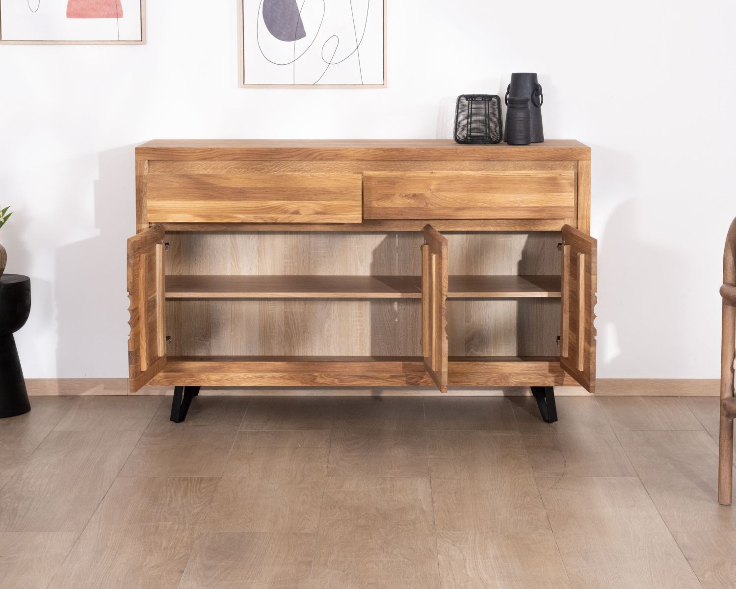 Credenza "Wave" a 3 ante in stile Zen in rovere oliato, 145 cm