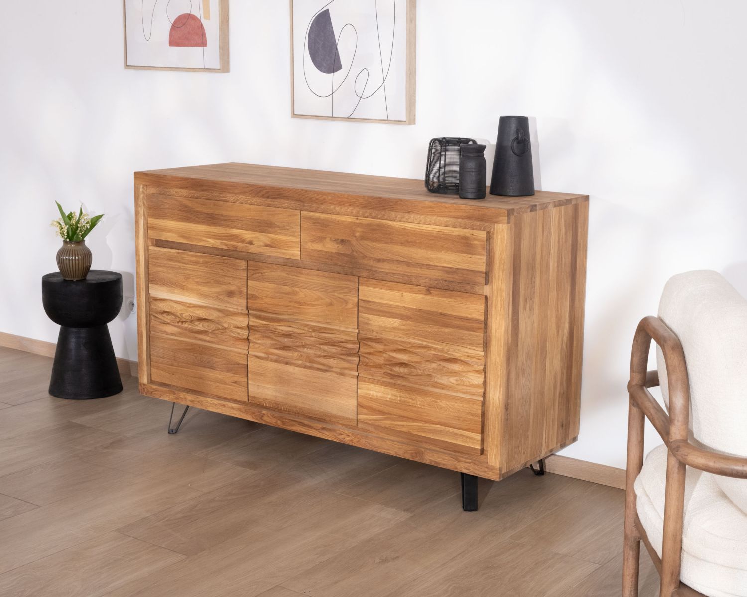 Credenza "Wave" a 3 ante in stile Zen in rovere oliato, 145 cm