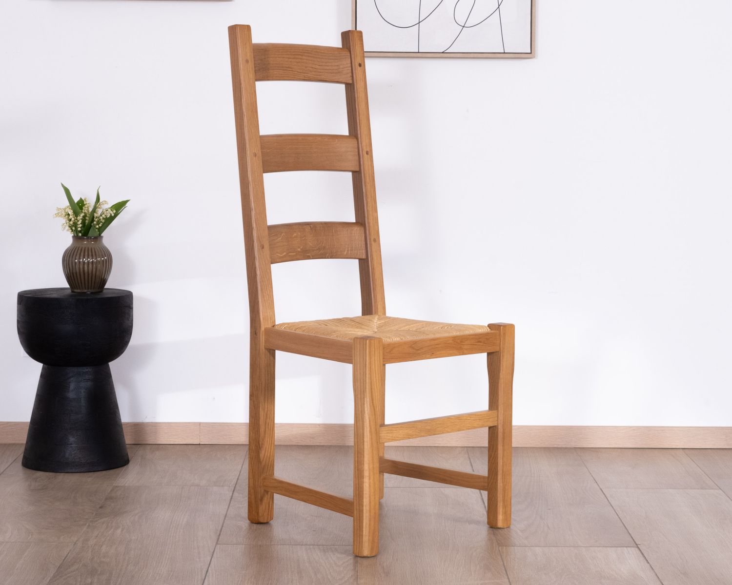 Sedia da pranzo "antica" in rovere massiccio con seduta intrecciata, look classico