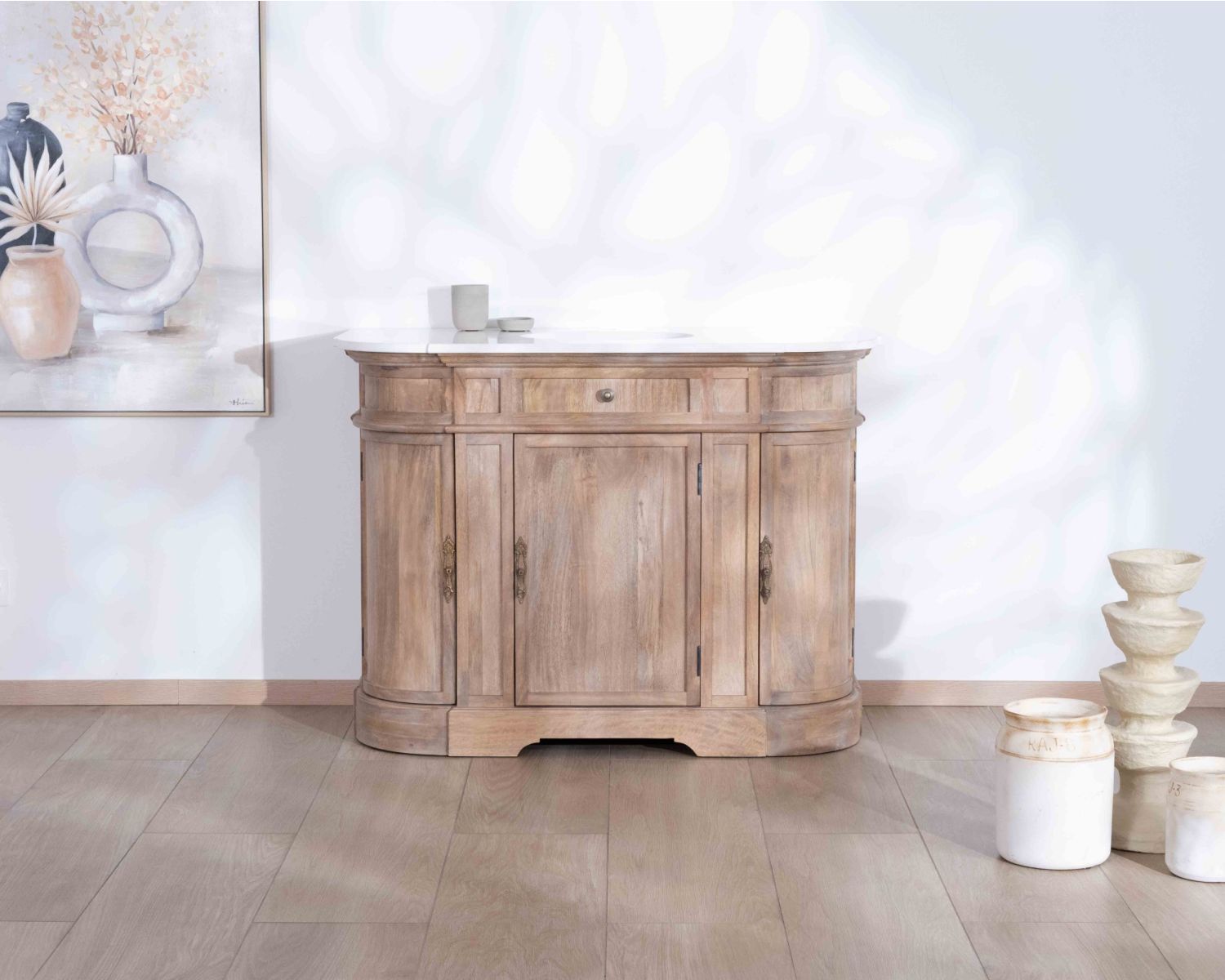 Mobiletto "Eglantine" 1 in legno massiccio di mango con finitura al quarzo bianco