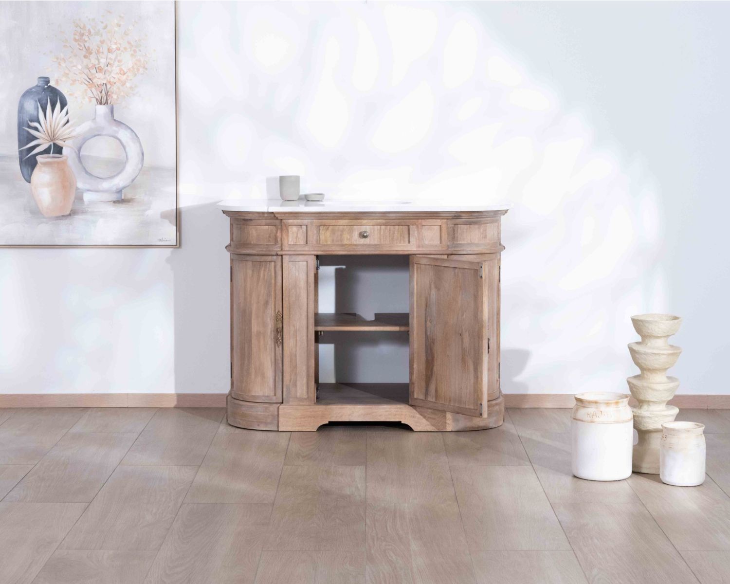 Mobiletto "Eglantine" 1 in legno massiccio di mango con finitura al quarzo bianco