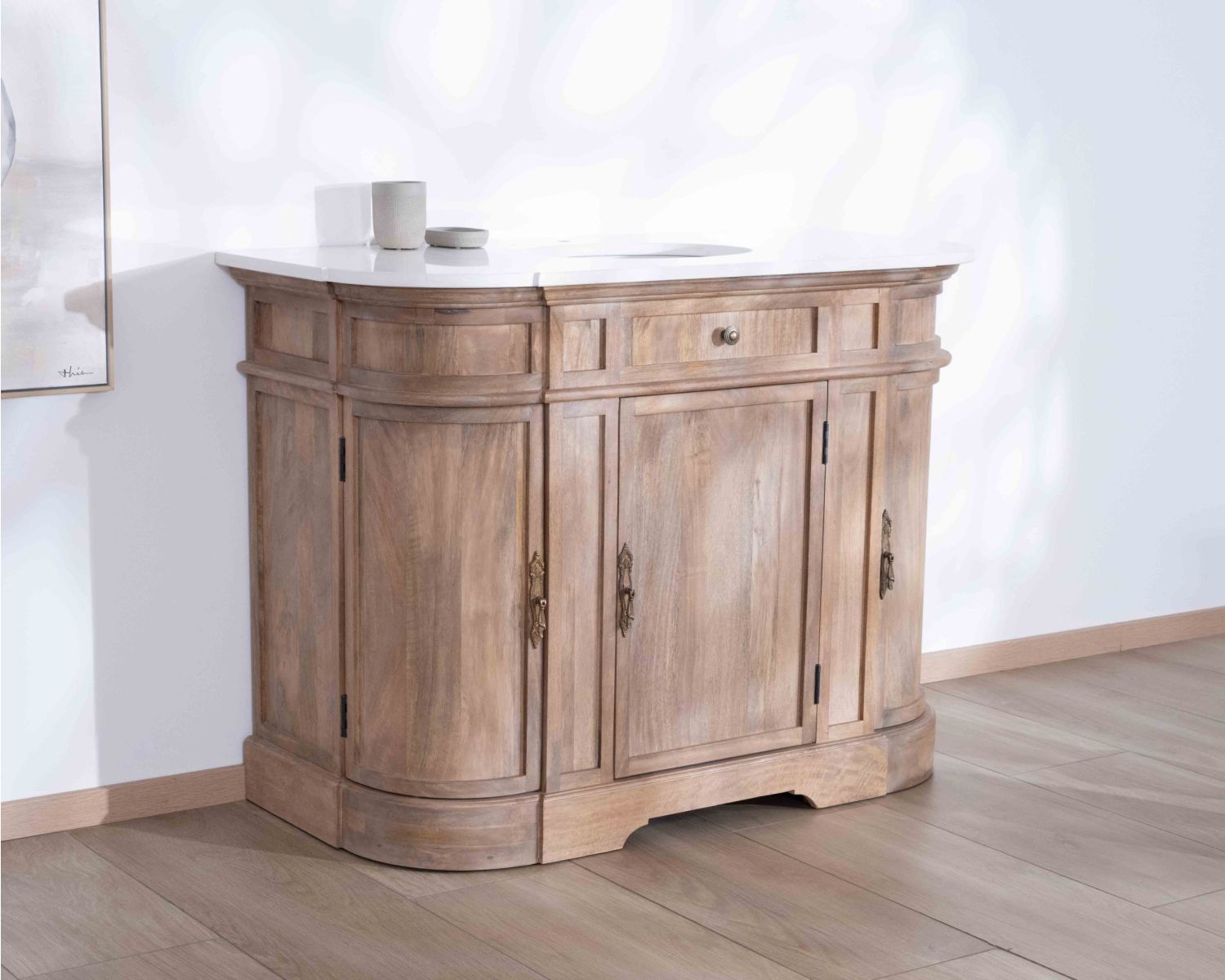 Mobiletto "Eglantine" 1 in legno massiccio di mango con finitura al quarzo bianco