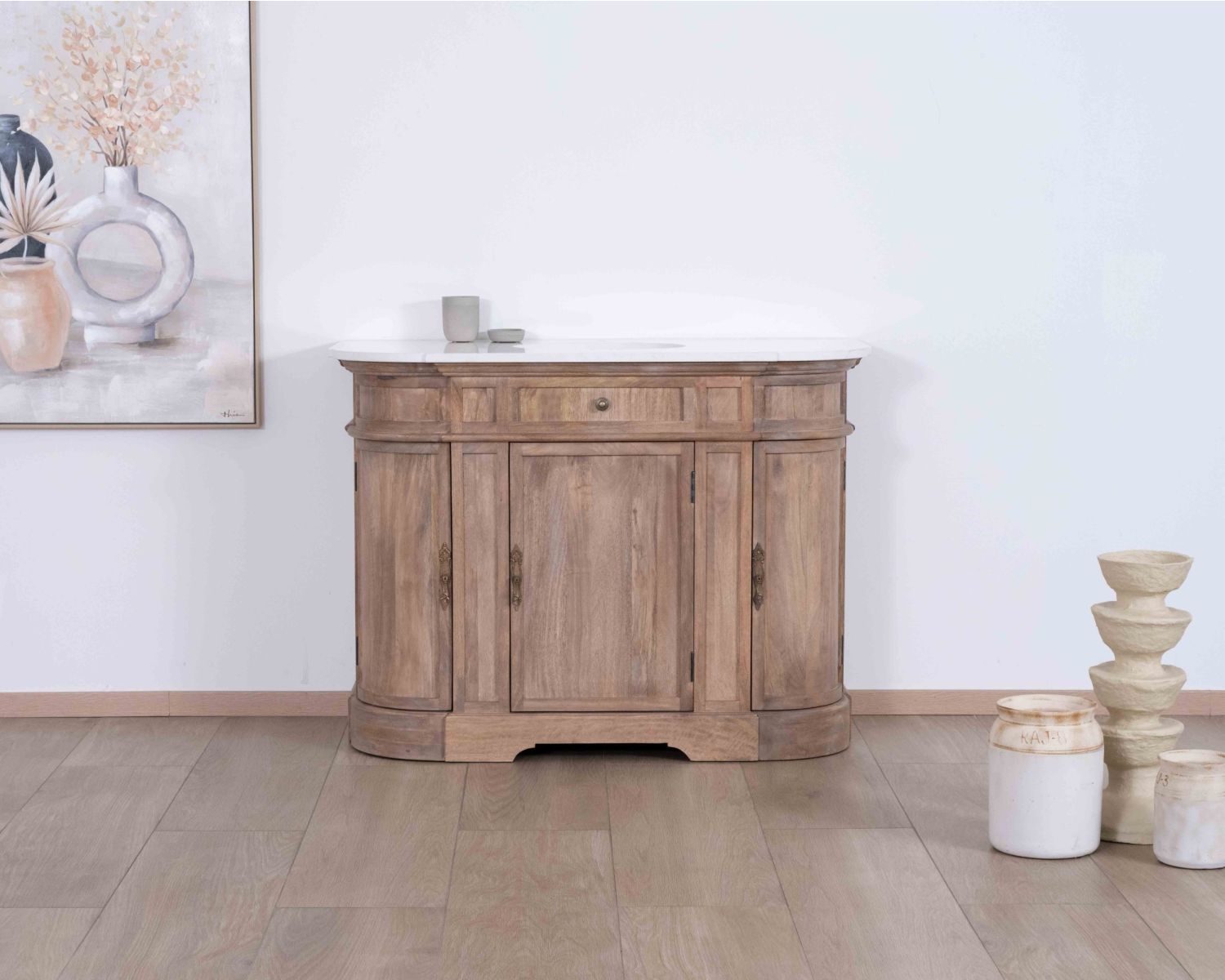 Mobiletto "Eglantine" 1 in legno massiccio di mango con finitura al quarzo bianco