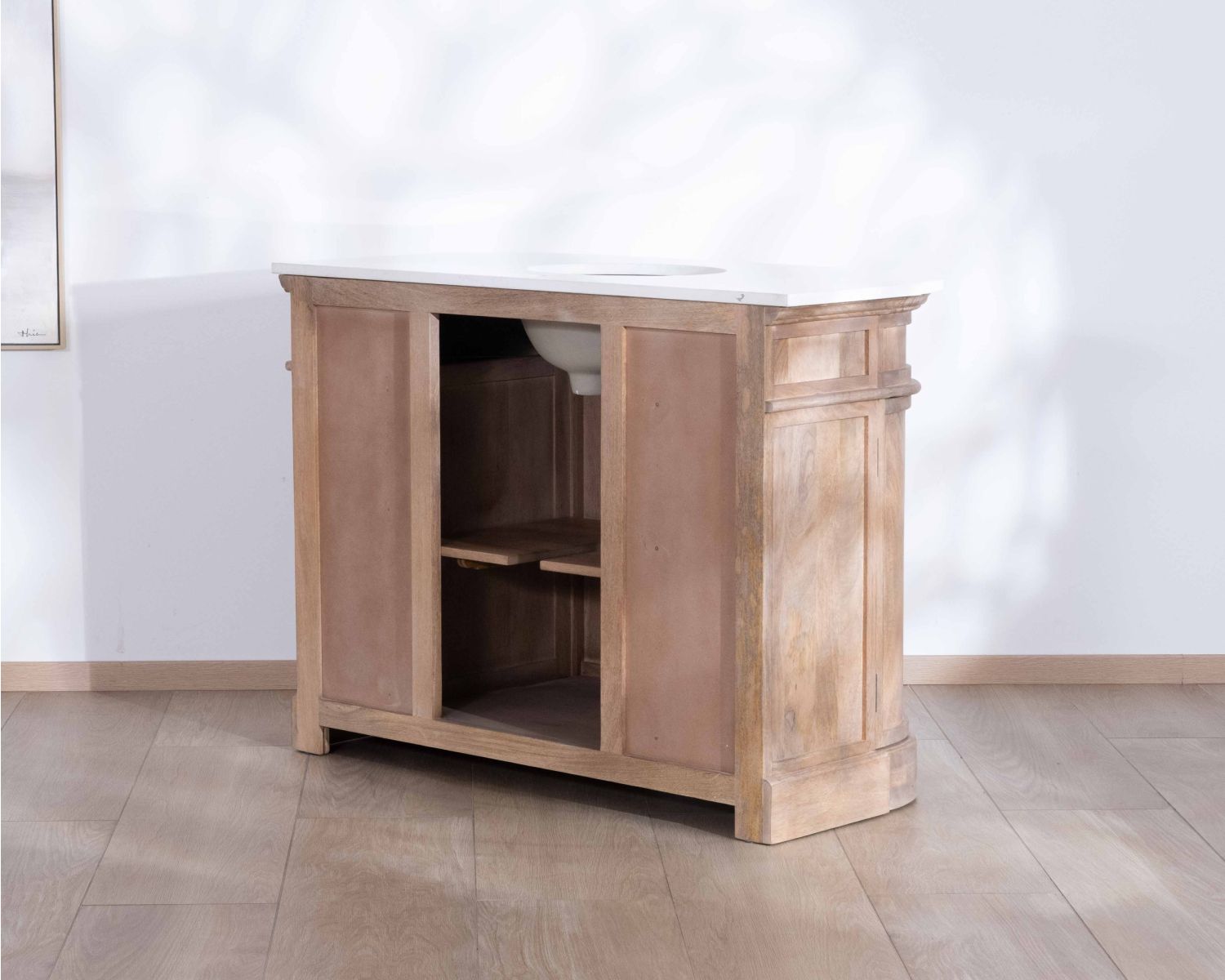 Mobiletto "Eglantine" 1 in legno massiccio di mango con finitura al quarzo bianco