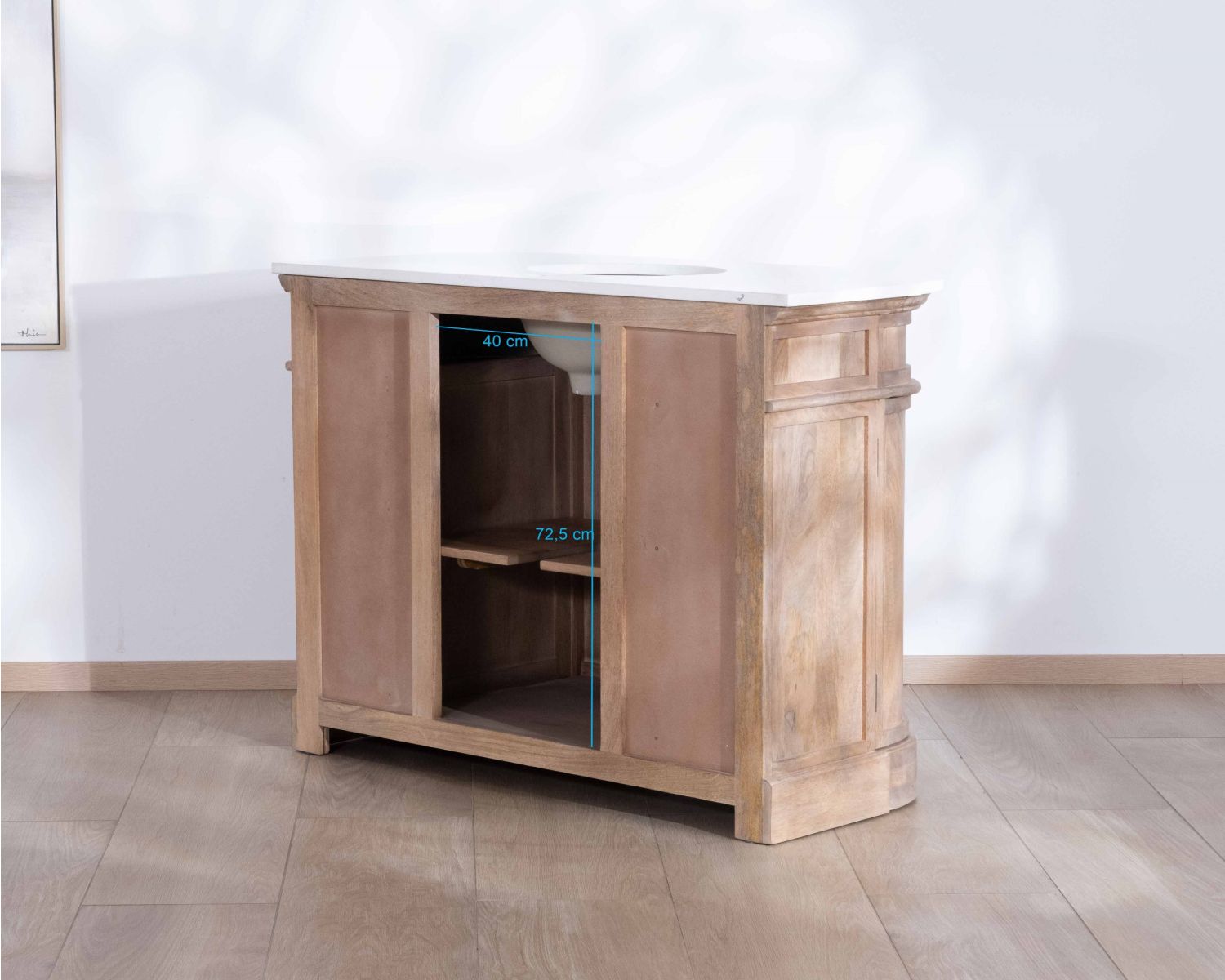 Mobiletto "Eglantine" 1 in legno massiccio di mango con finitura al quarzo bianco