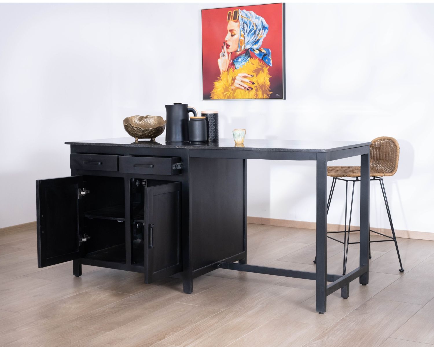 Isola cucina nera con zona pranzo "Grand Chef" in legno di mango e granito