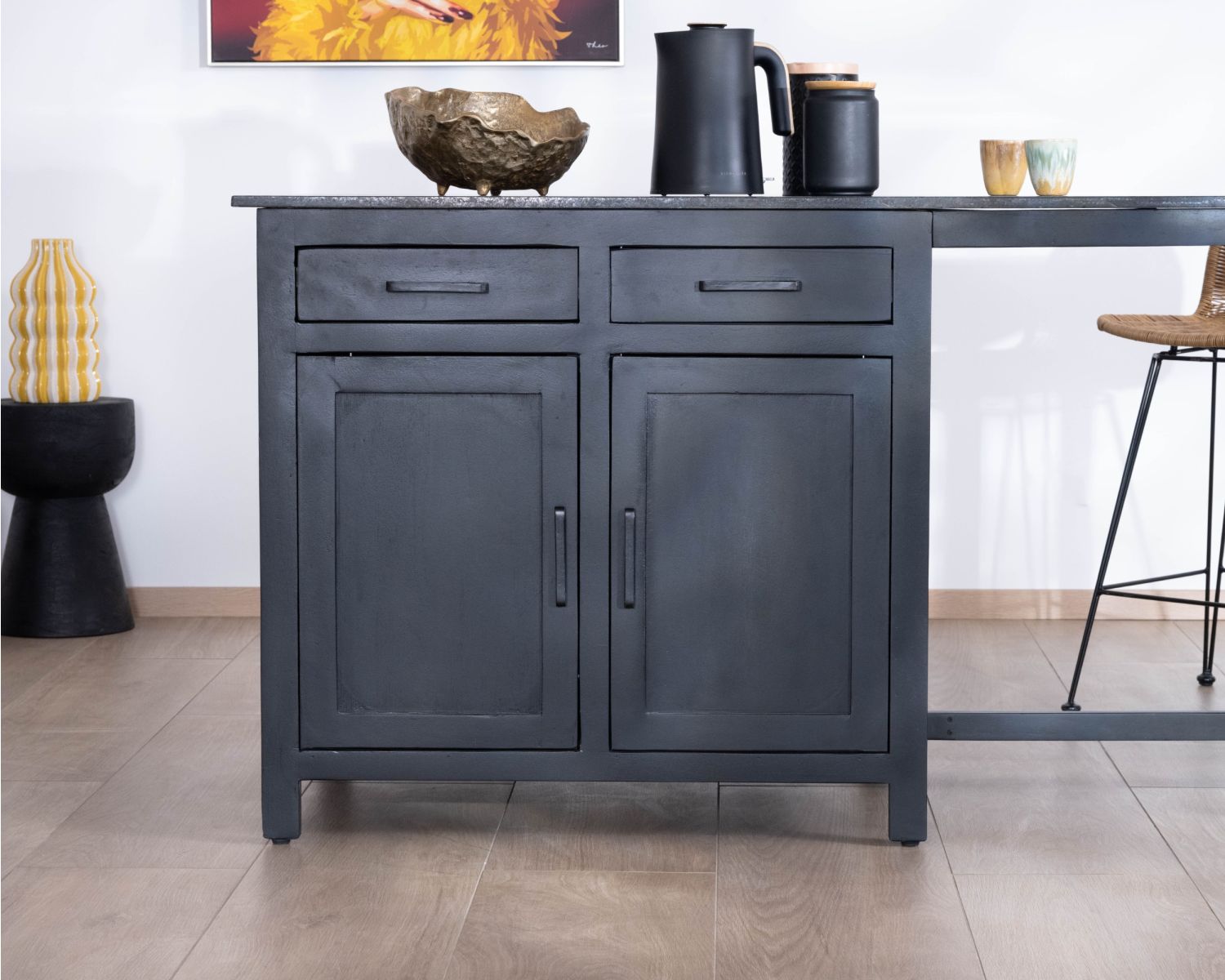 Isola cucina nera con zona pranzo "Grand Chef" in legno di mango e granito