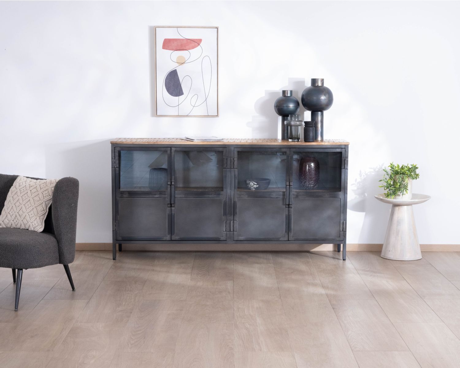 Credenza industriale in vetro "Dowtoun" in metallo e legno esotico, 180 cm