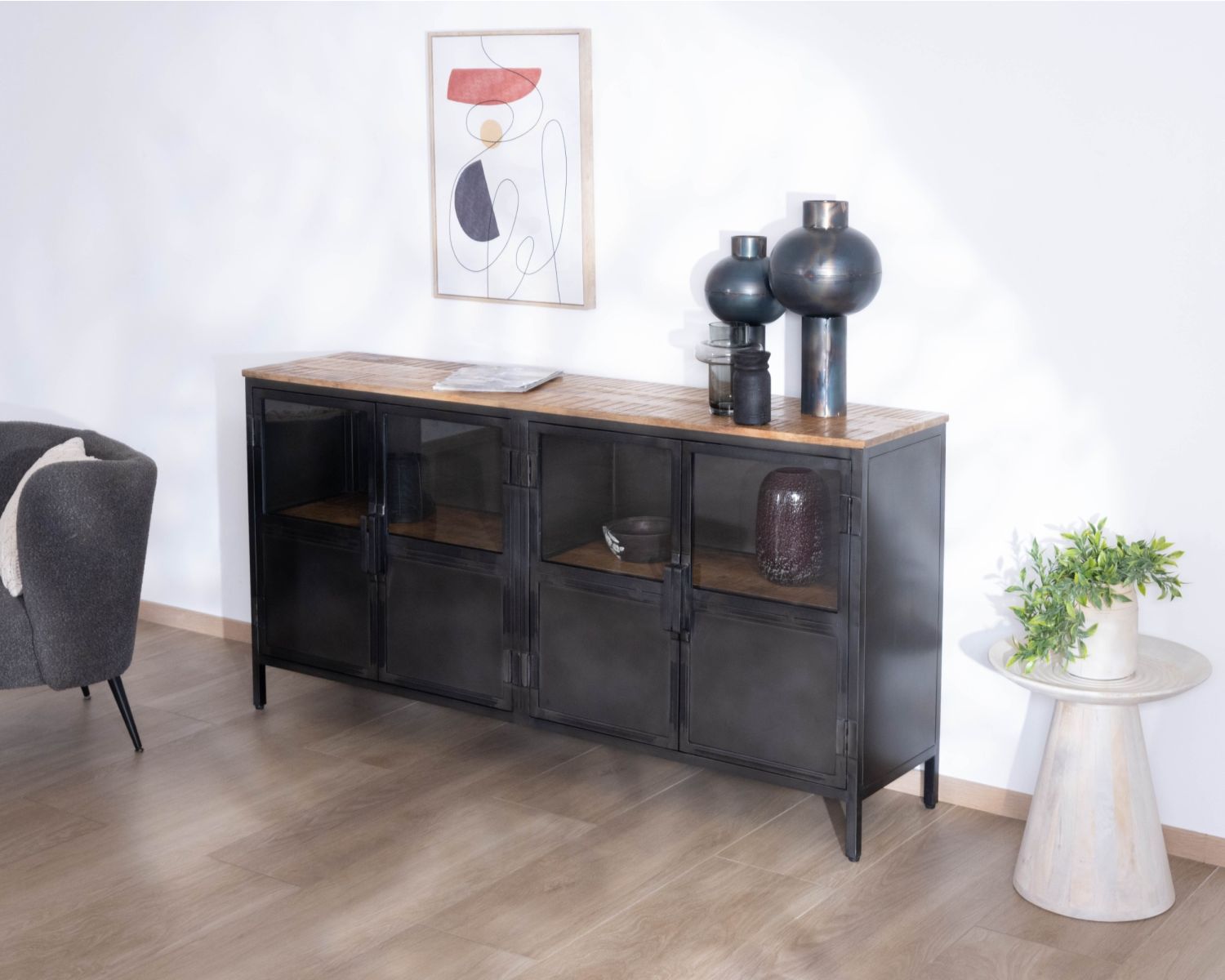 Credenza industriale in vetro "Dowtoun" in metallo e legno esotico, 180 cm