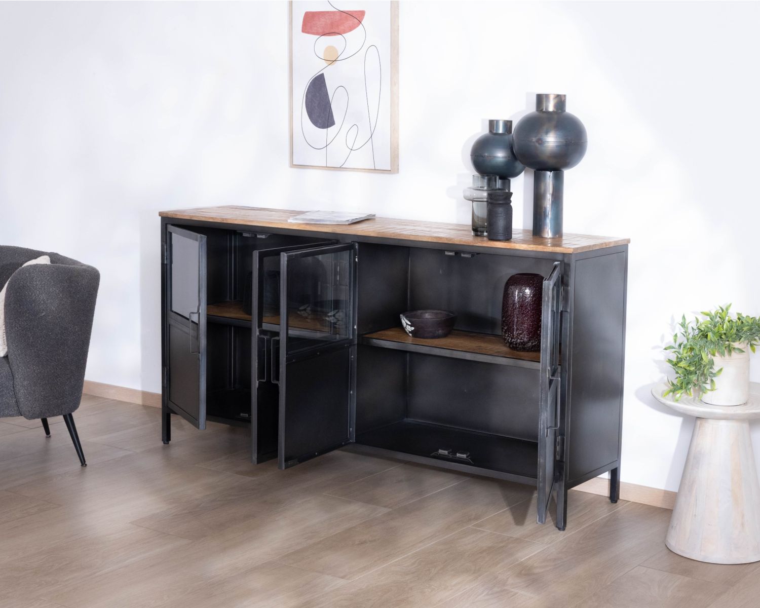 Credenza industriale in vetro "Dowtoun" in metallo e legno esotico, 180 cm
