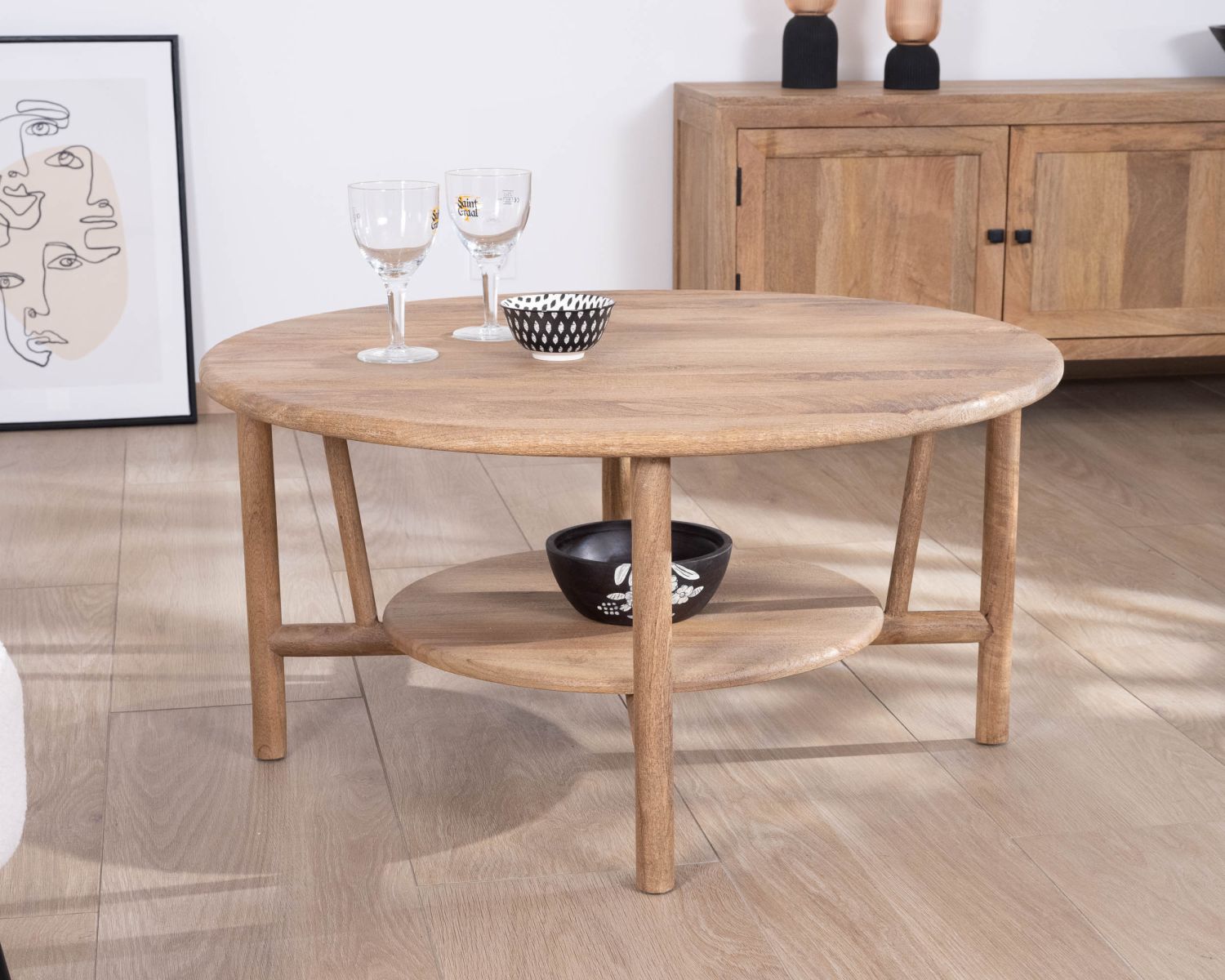 Tavolo da salotto rotondo "Plume" con doppio piano in legno di mango, diametro 90 cm