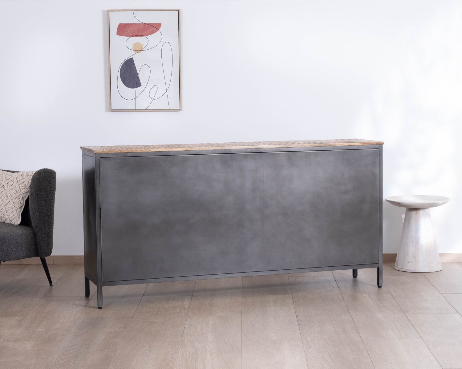 Credenza industriale in vetro "Dowtoun" in metallo e legno esotico, 180 cm