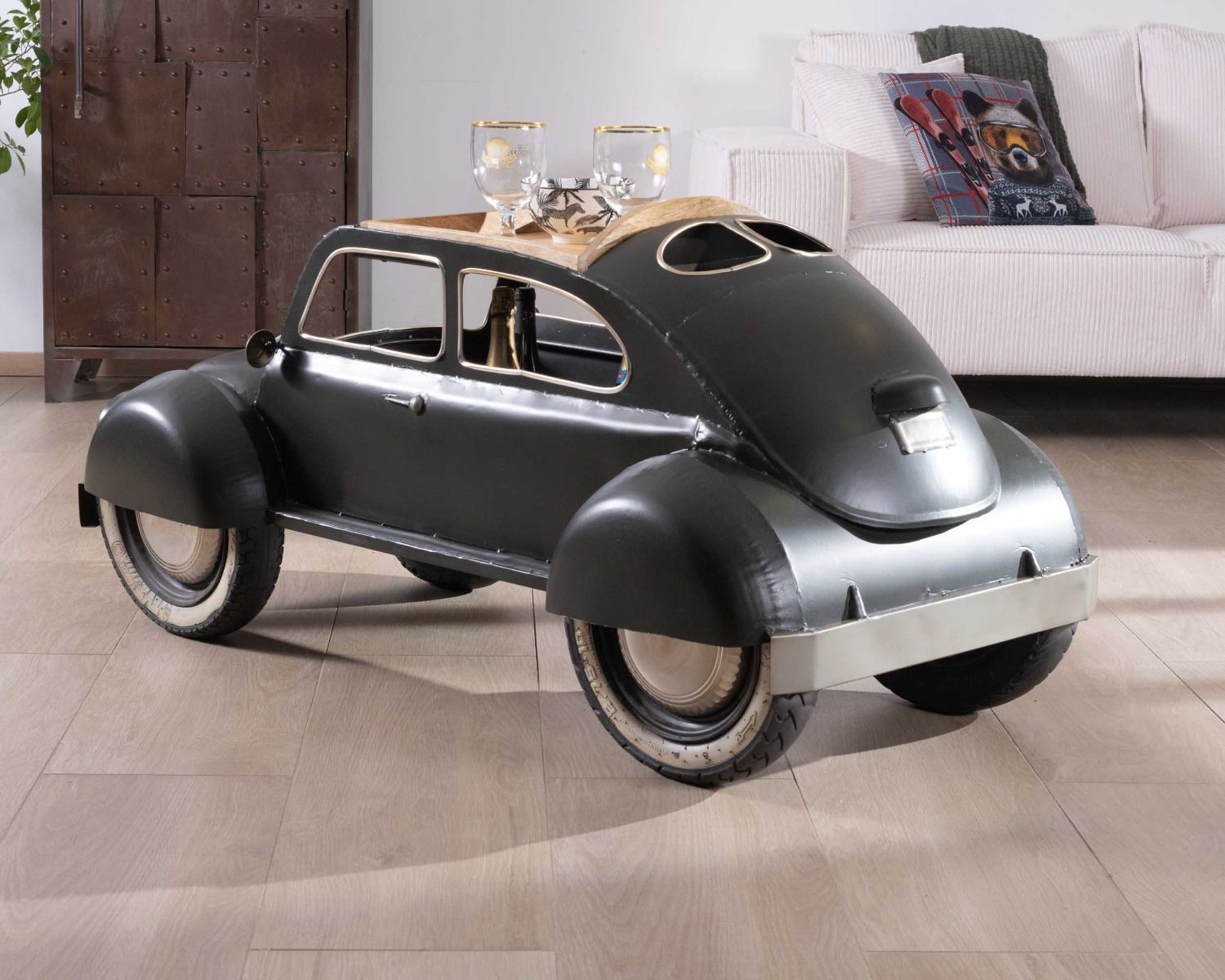 Tavolino vintage "Crazy" con auto verde scuro e piano in legno