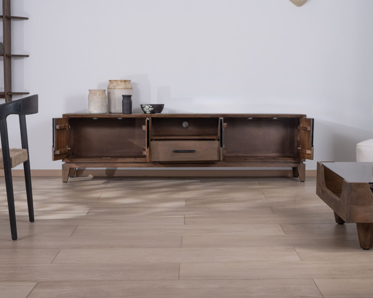 Mobile TV "Slody" grande in stile retrò in legno di mango, 200 cm