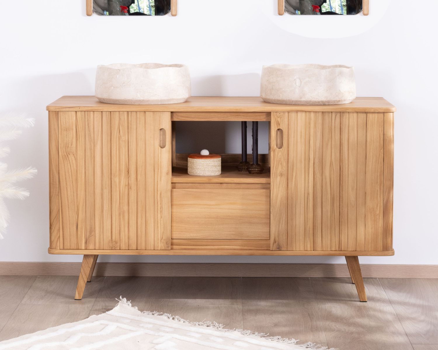 Mobiletto doppio in teak dal design retrò "Aloha" 140 cm