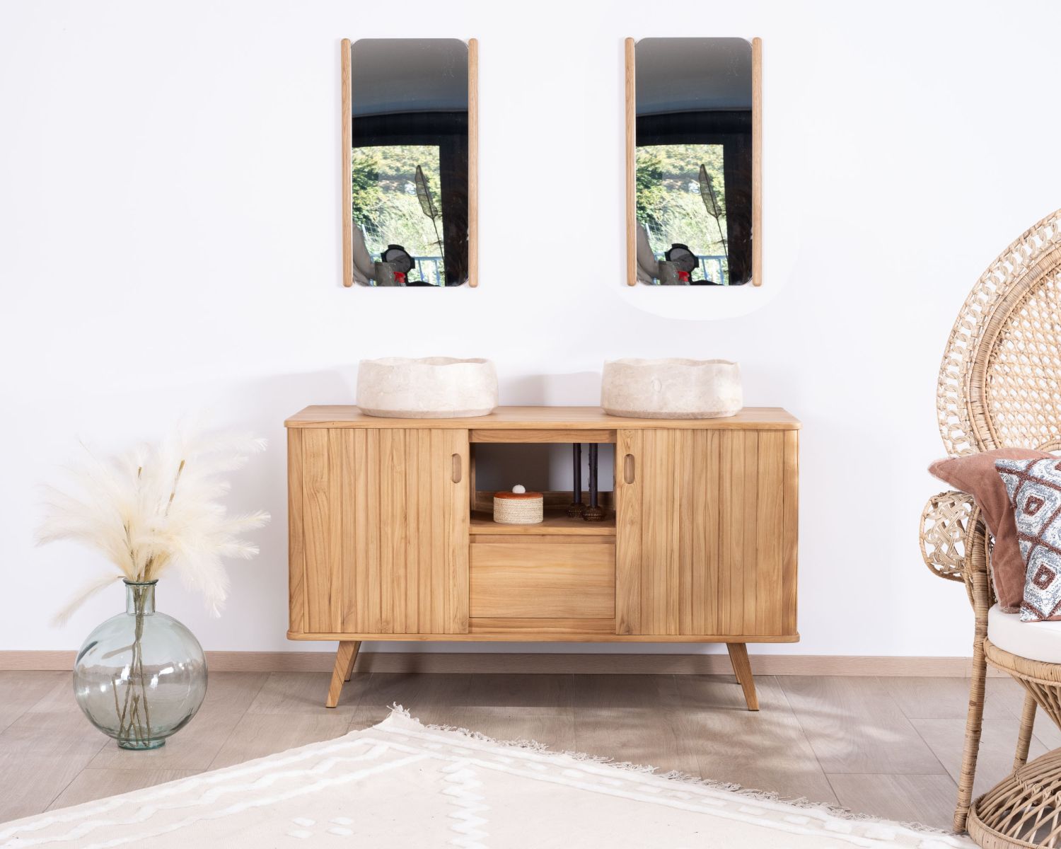 Mobiletto doppio in teak dal design retrò "Aloha" 140 cm