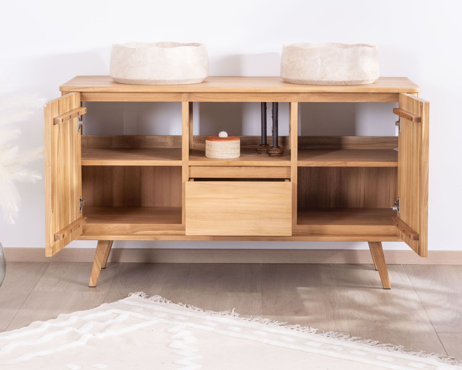 Mobiletto doppio in teak dal design retrò "Aloha" 140 cm