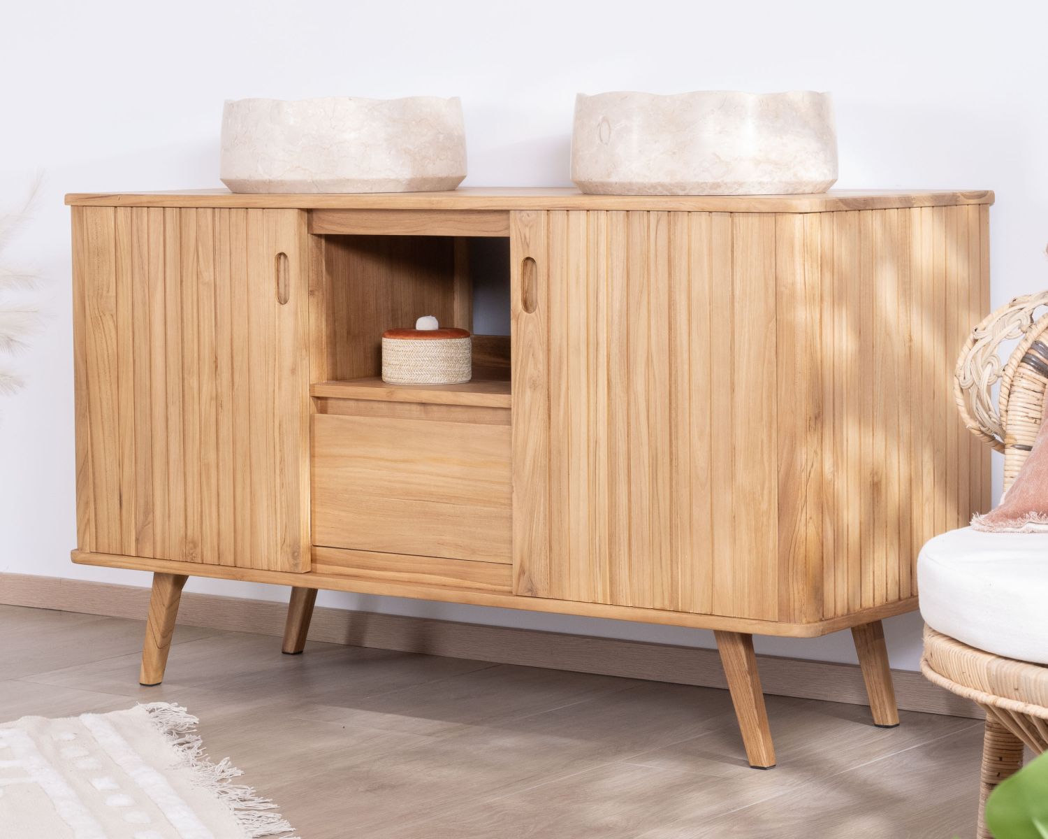 Mobiletto doppio in teak dal design retrò "Aloha" 140 cm