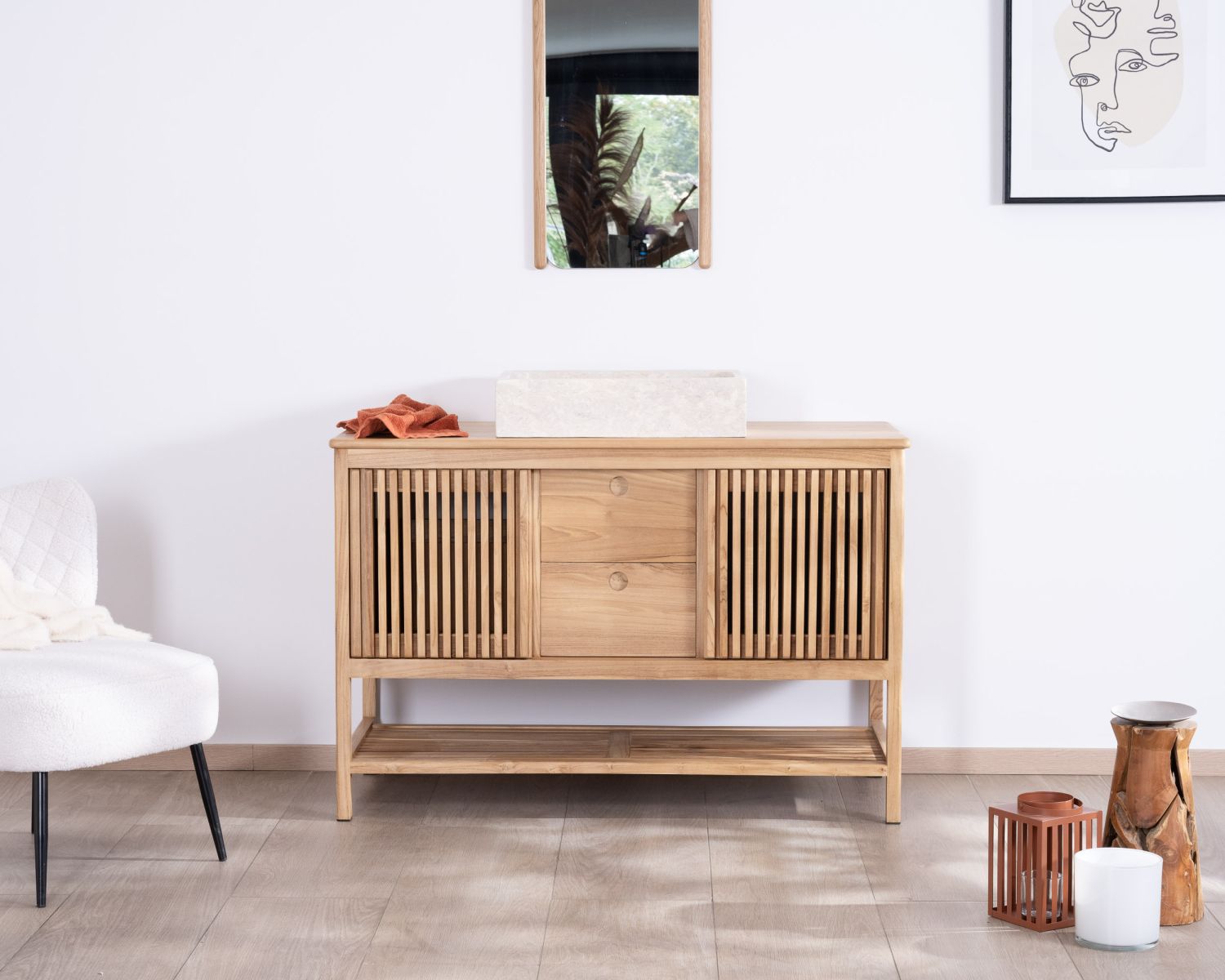 Mobiletto in teak "Bulle" da 120 cm con 2 ante scorrevoli