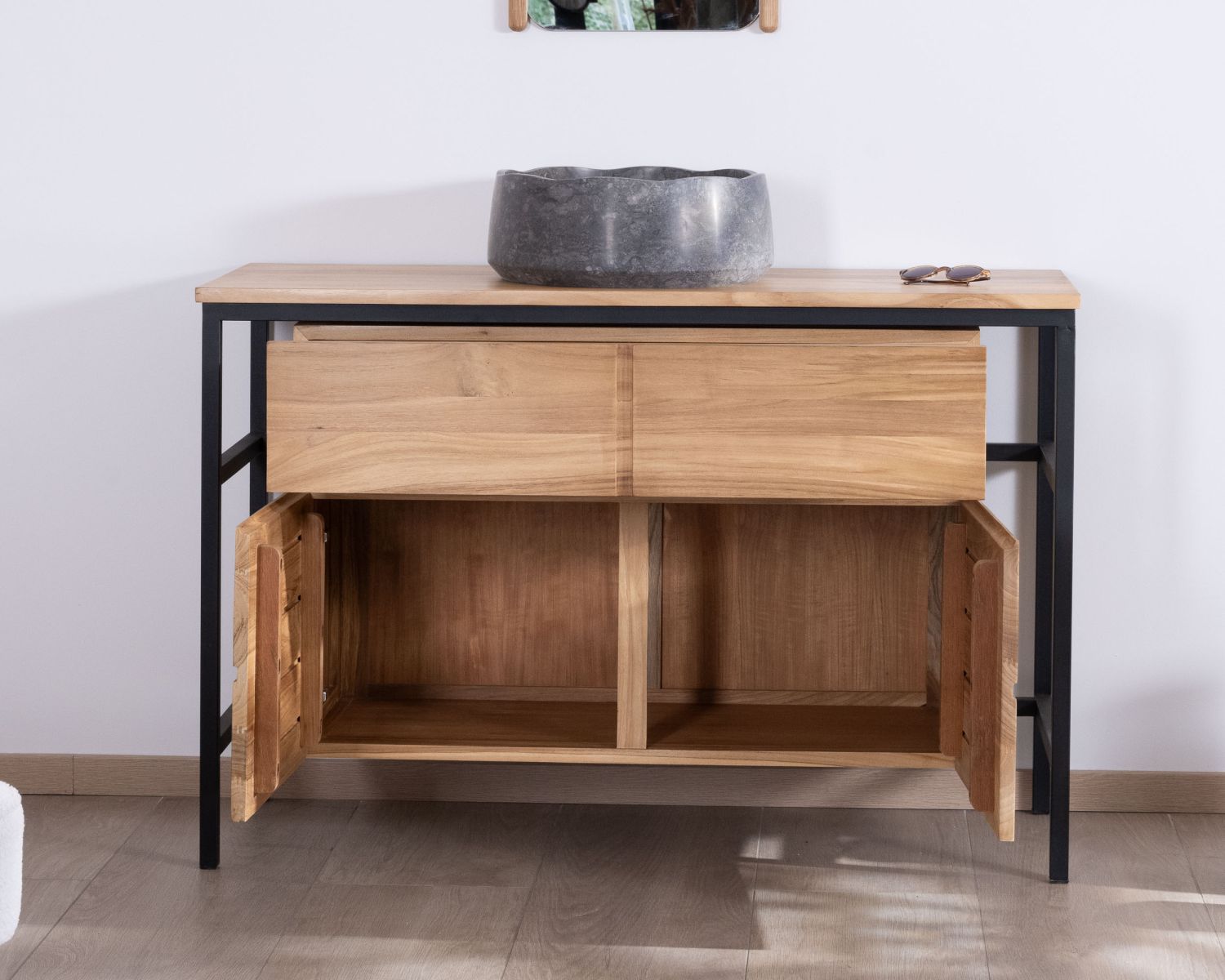 Mobile da 120 cm "Wavy" in teak contemporaneo con gambe di design in metallo