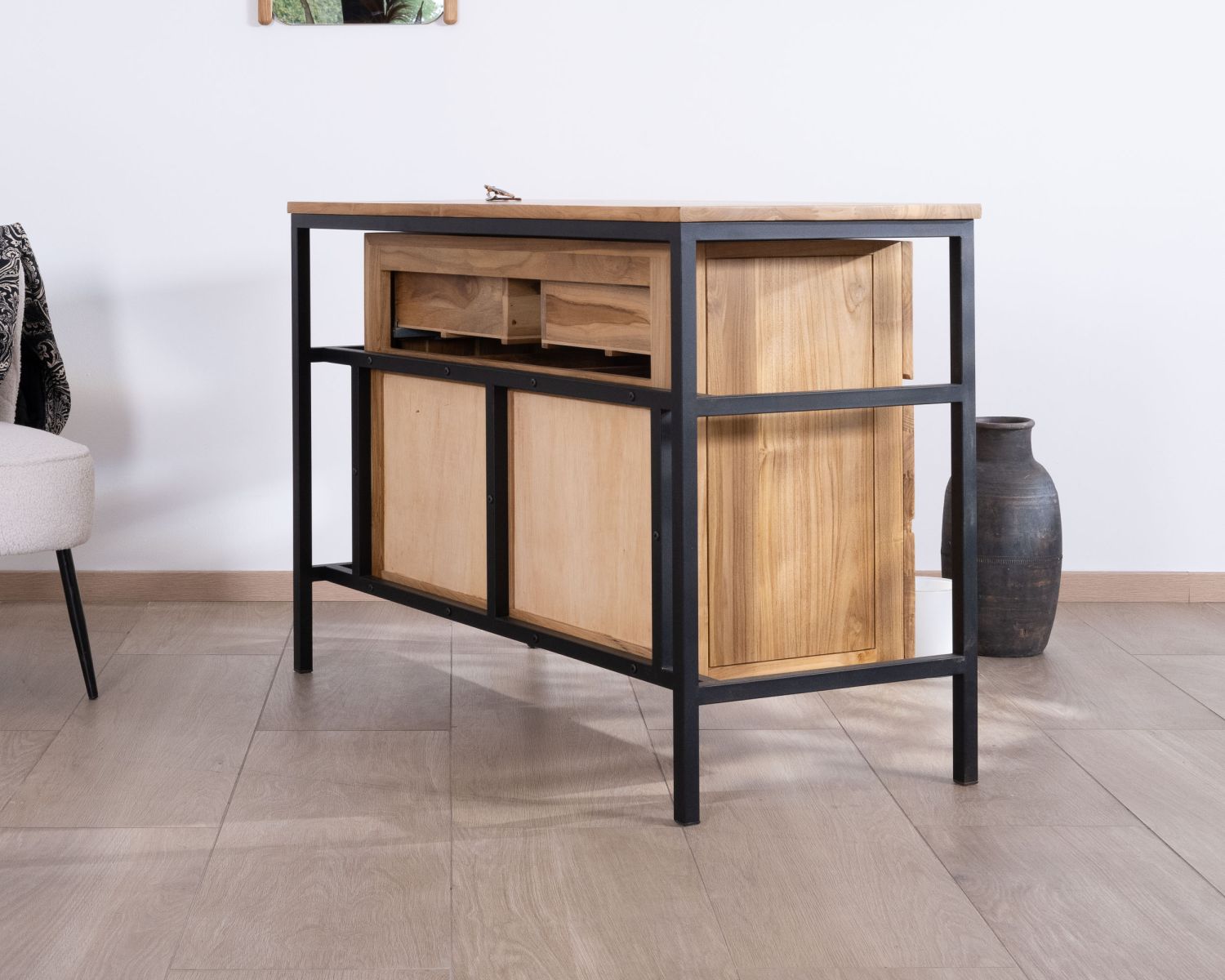 Mobile da 120 cm "Wavy" in teak contemporaneo con gambe di design in metallo