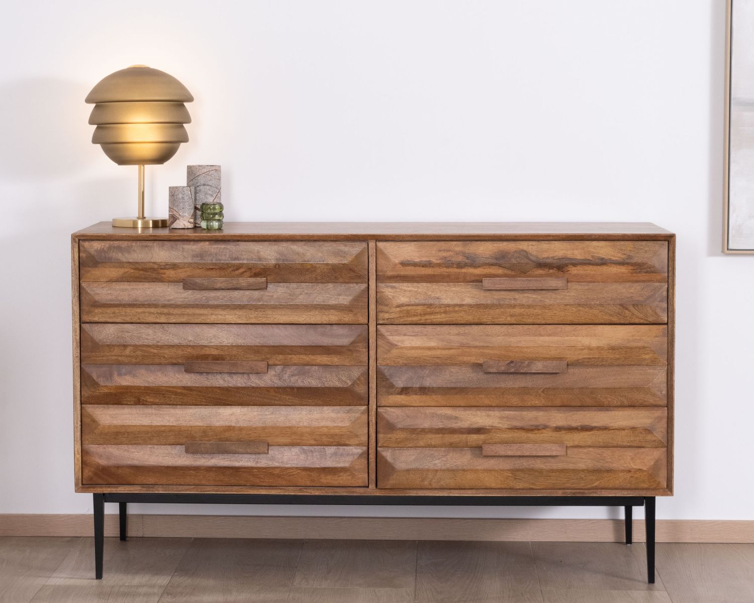 Cassettiera "Presto" in stile retrò in legno di mango e metallo con 6 cassetti a mezza larghezza