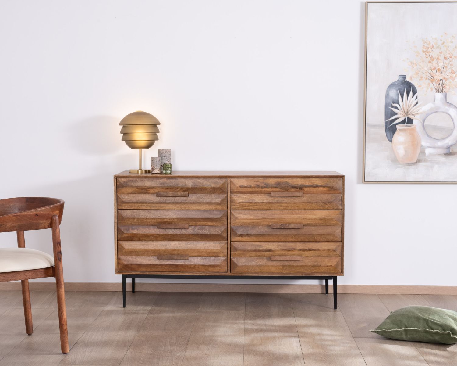 Cassettiera "Presto" in stile retrò in legno di mango e metallo con 6 cassetti a mezza larghezza