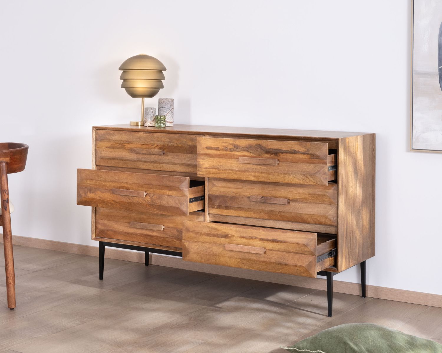 Cassettiera "Presto" in stile retrò in legno di mango e metallo con 6 cassetti a mezza larghezza