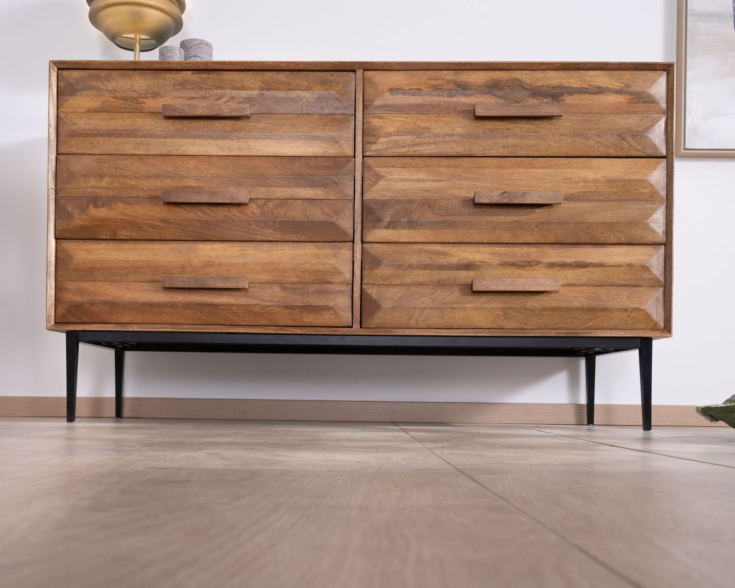 Cassettiera "Presto" in stile retrò in legno di mango e metallo con 6 cassetti a mezza larghezza