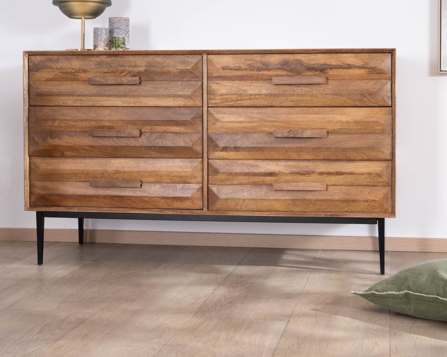 Cassettiera "Presto" in stile retrò in legno di mango e metallo con 6 cassetti a mezza larghezza