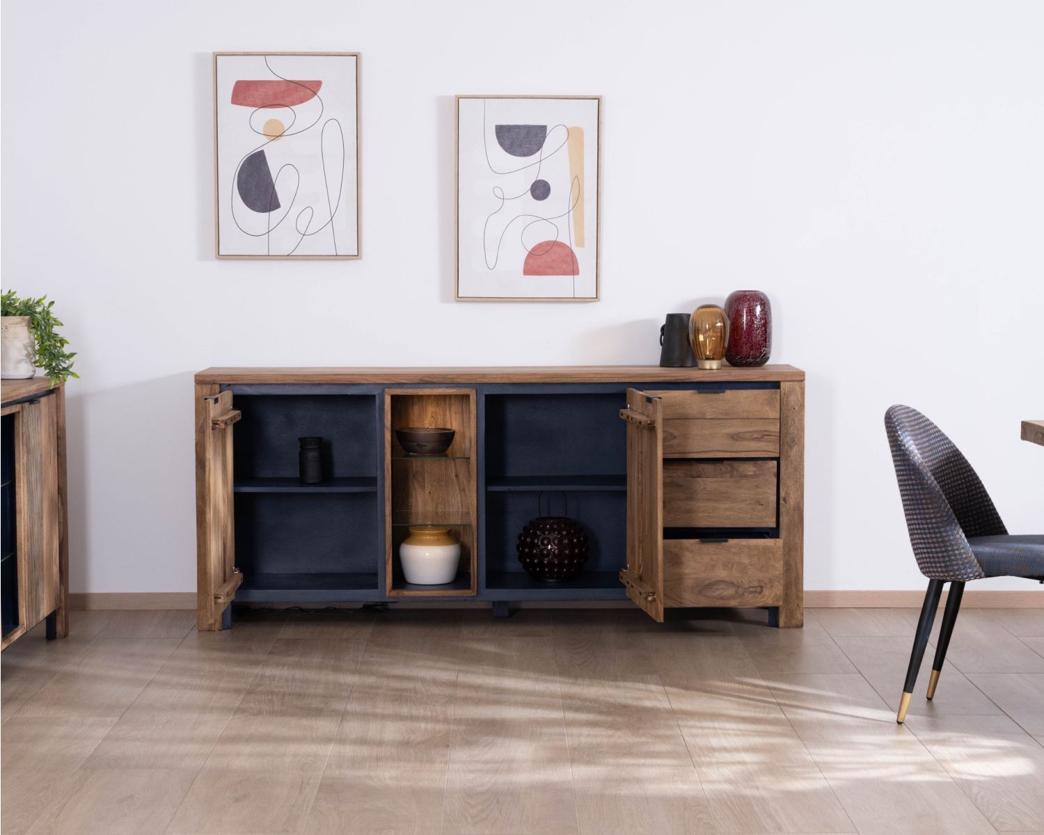 Credenza multigriglia "Enoa" con ripiani in vetro in palissandro e acacia 200 cm 