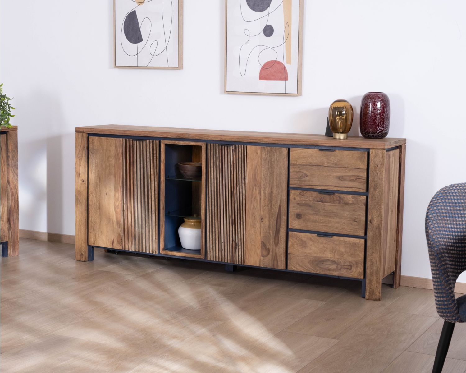 Credenza multigriglia "Enoa" con ripiani in vetro in palissandro e acacia 200 cm 
