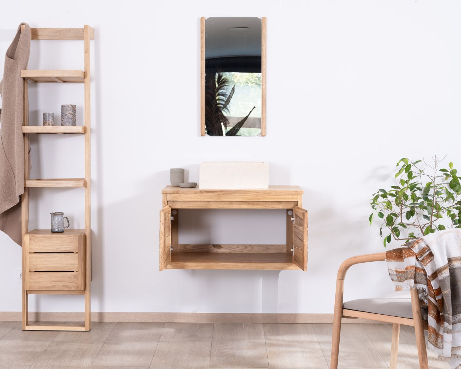 Pensile in teak per lavabo da appoggio "Moho" da 80 cm