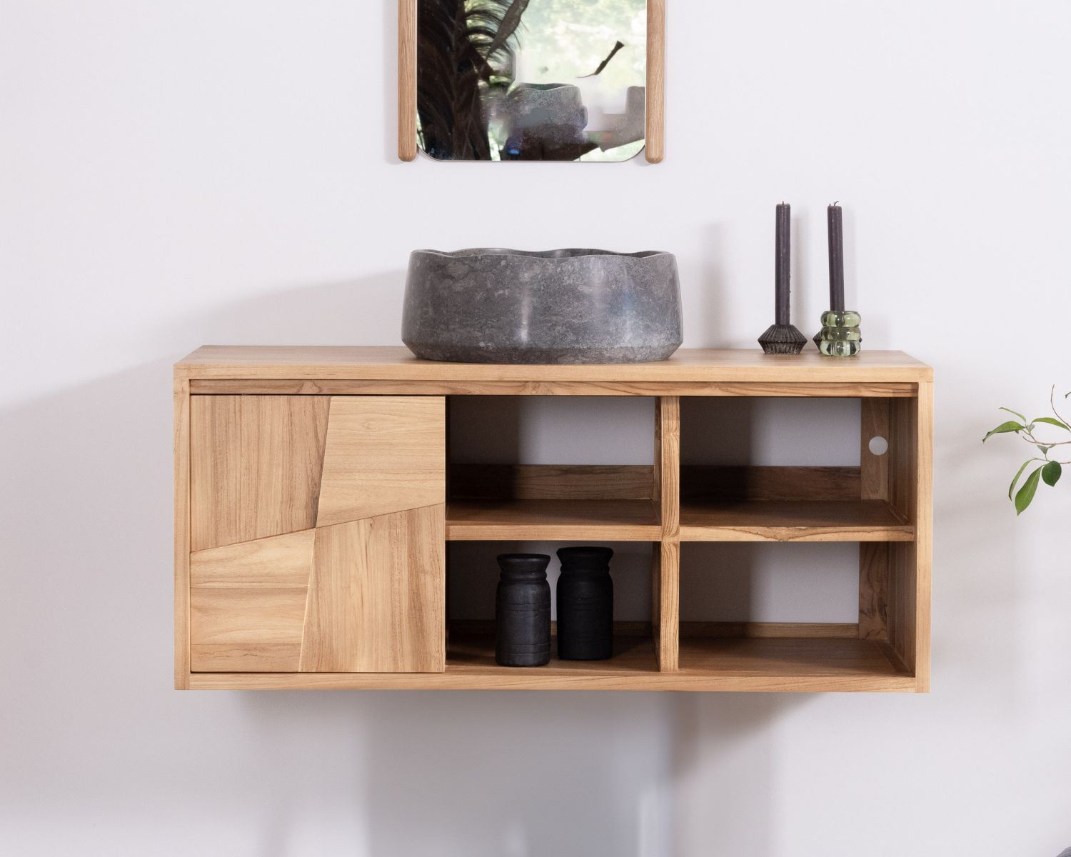 Mobiletto sospeso in teak "Tao" da 105 cm con ante scorrevoli