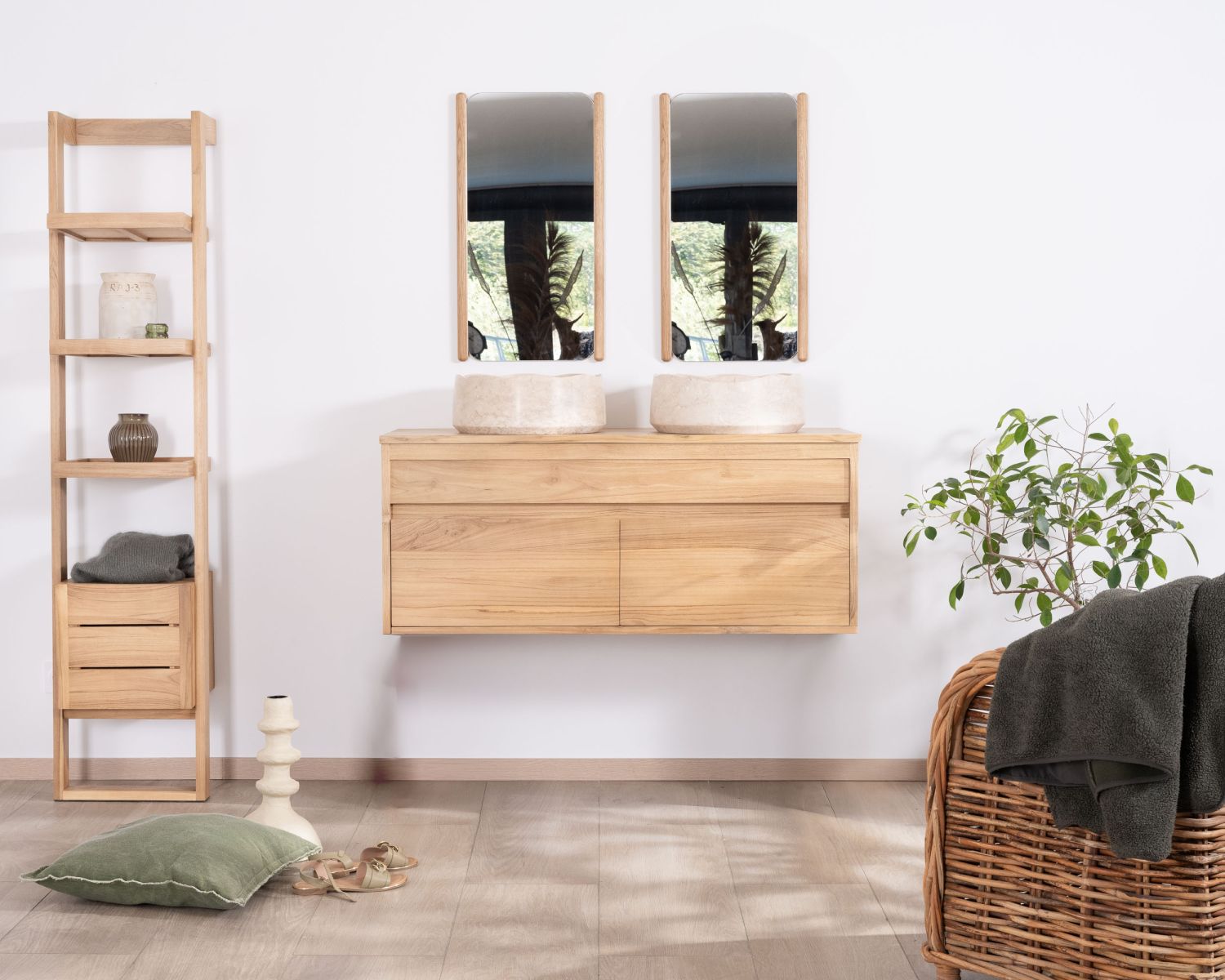 Mobiletto in teak massiccio "Bowdy" da 120 cm per doppio lavabo