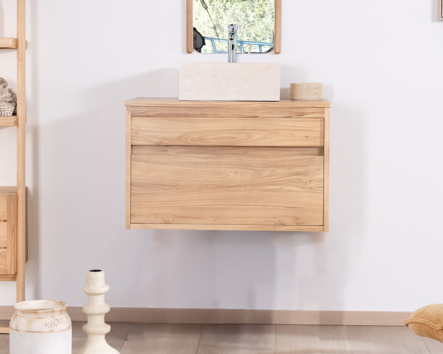 Mobile sospeso da 80 cm con 1 cassetto "Bowdy" in teak massiccio