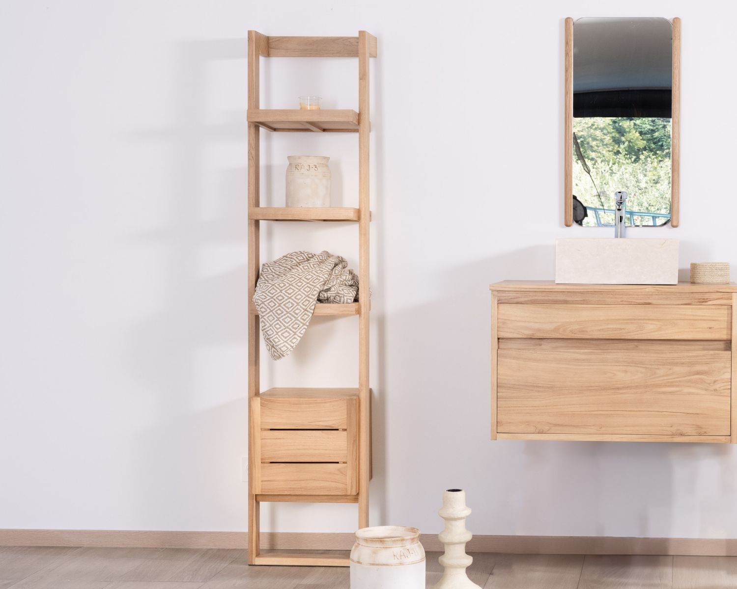Mobile sospeso da 80 cm con 1 cassetto "Bowdy" in teak massiccio
