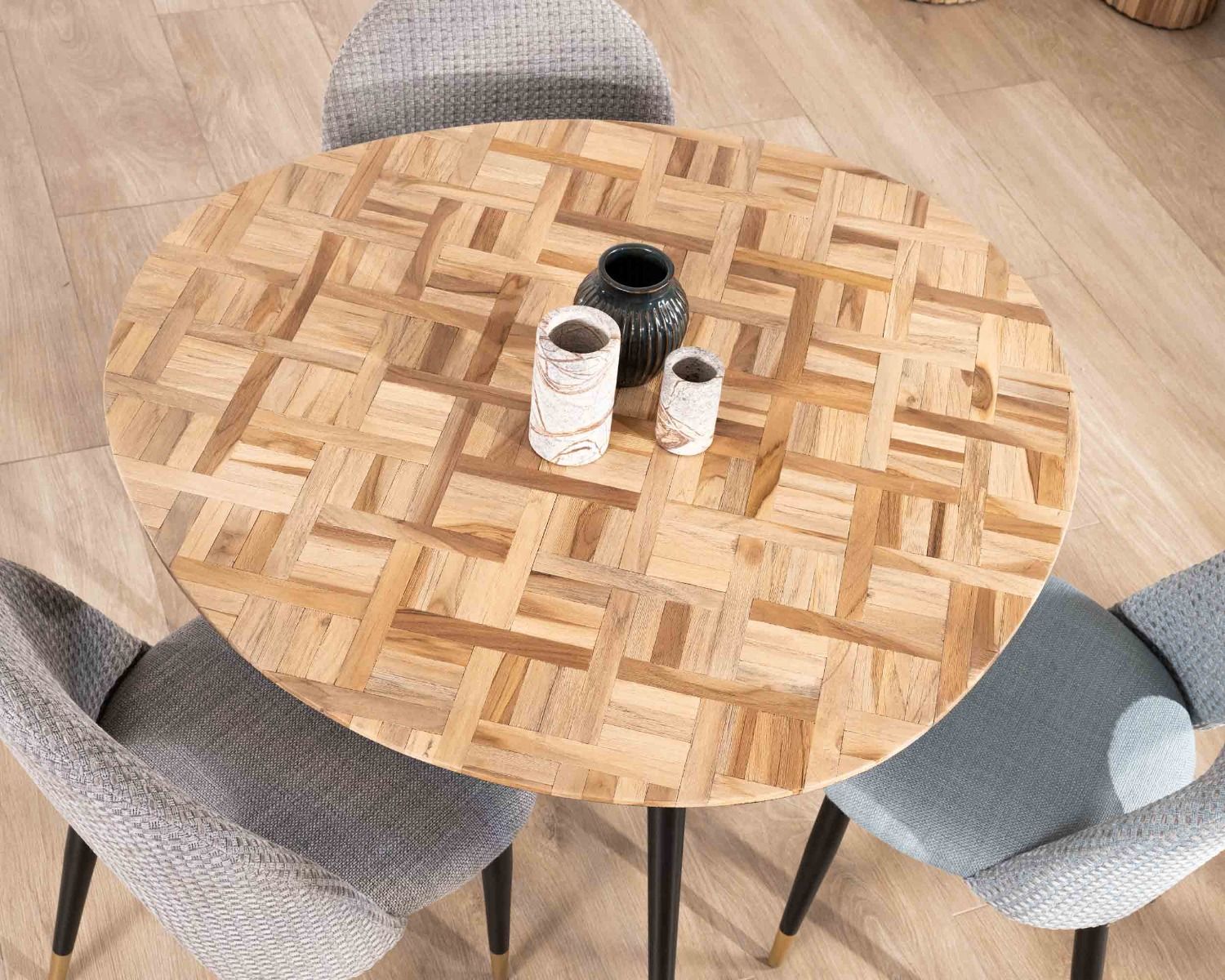 Tavolino a 3 gambe in metallo con piano intarsiato in teak "Foster" 110 cm