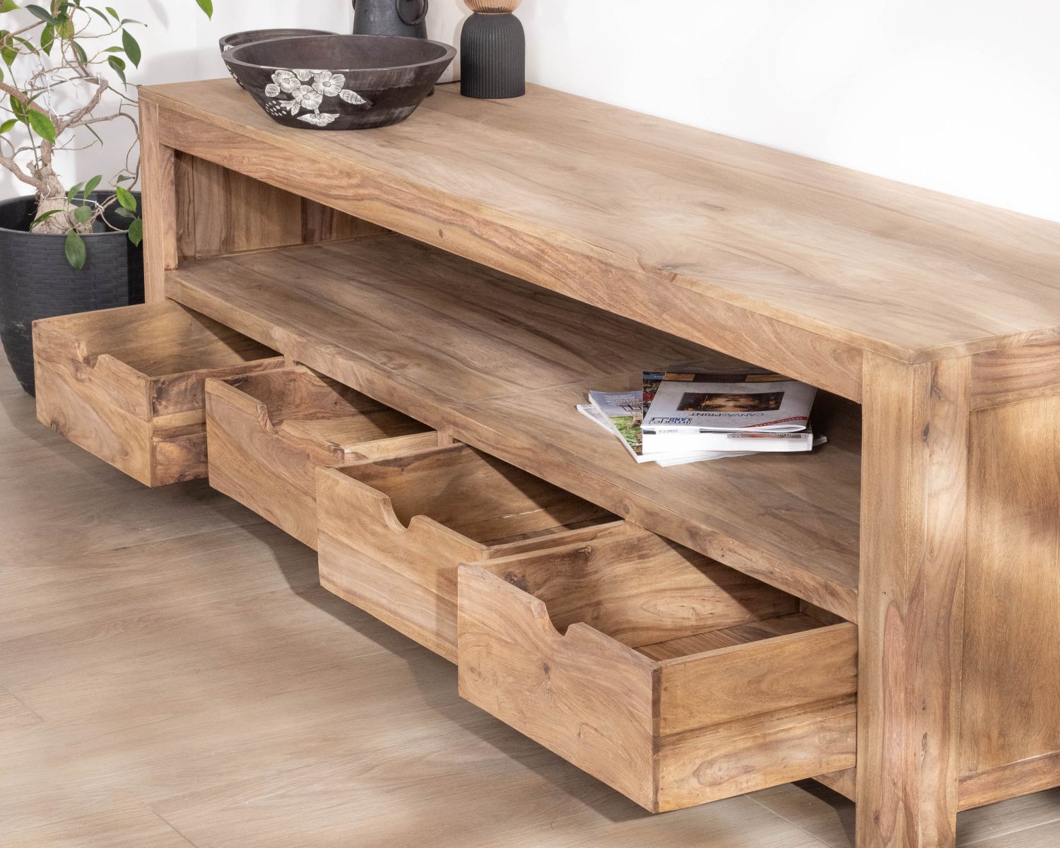 Panca TV in palissandro da 200 cm "Kalanohé" con nicchia e 4 cassetti