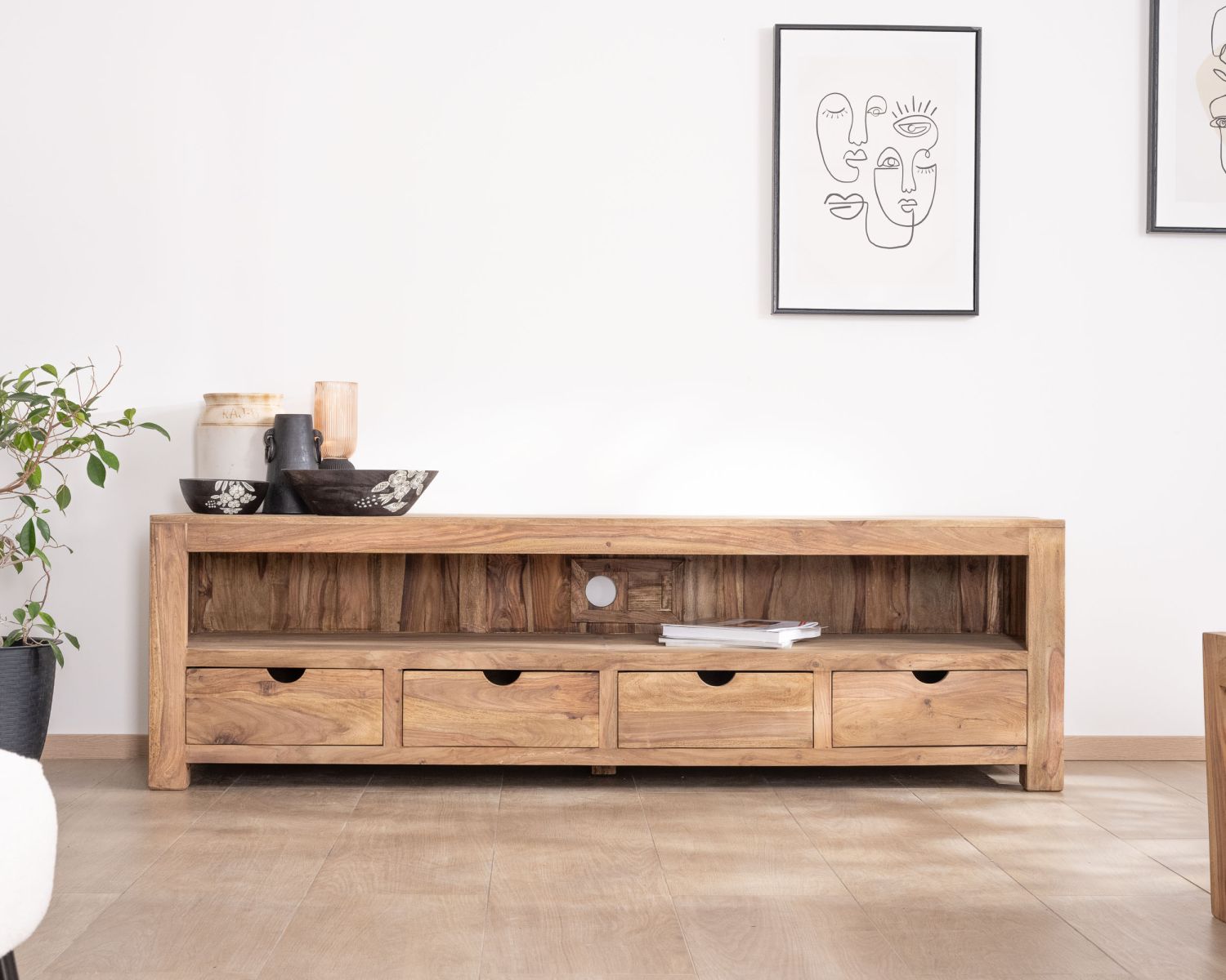 Panca TV in palissandro da 200 cm "Kalanohé" con nicchia e 4 cassetti