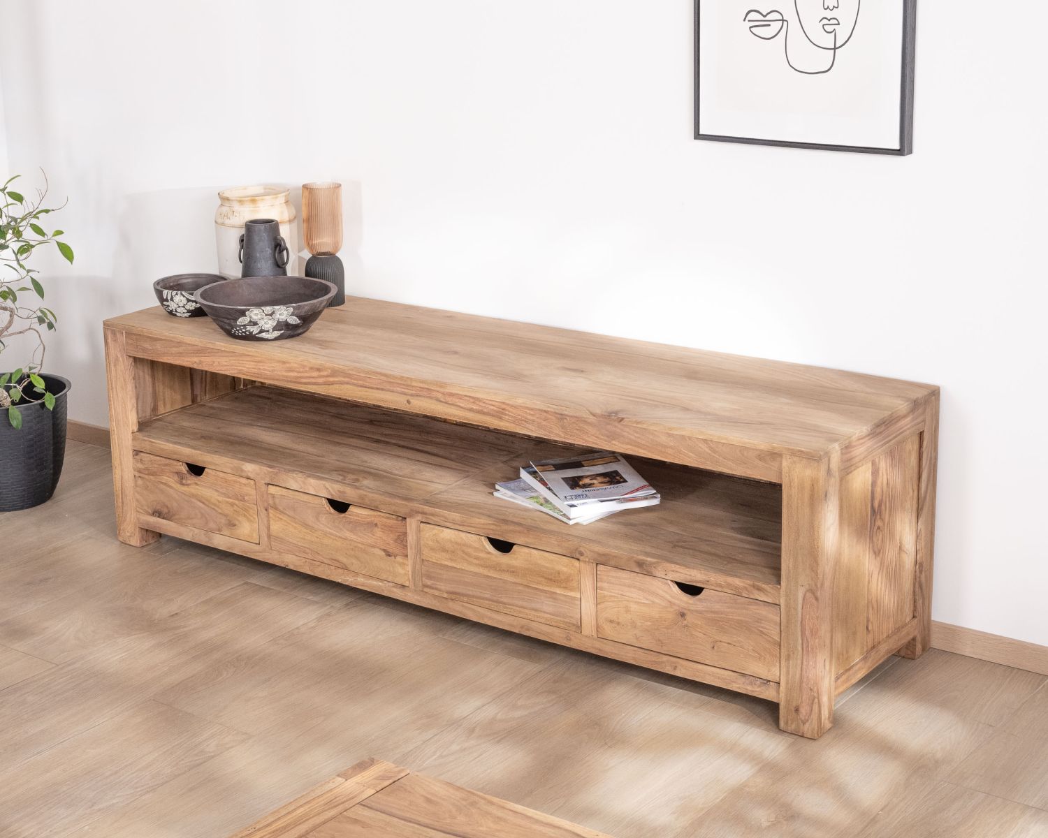 Panca TV in palissandro da 200 cm "Kalanohé" con nicchia e 4 cassetti