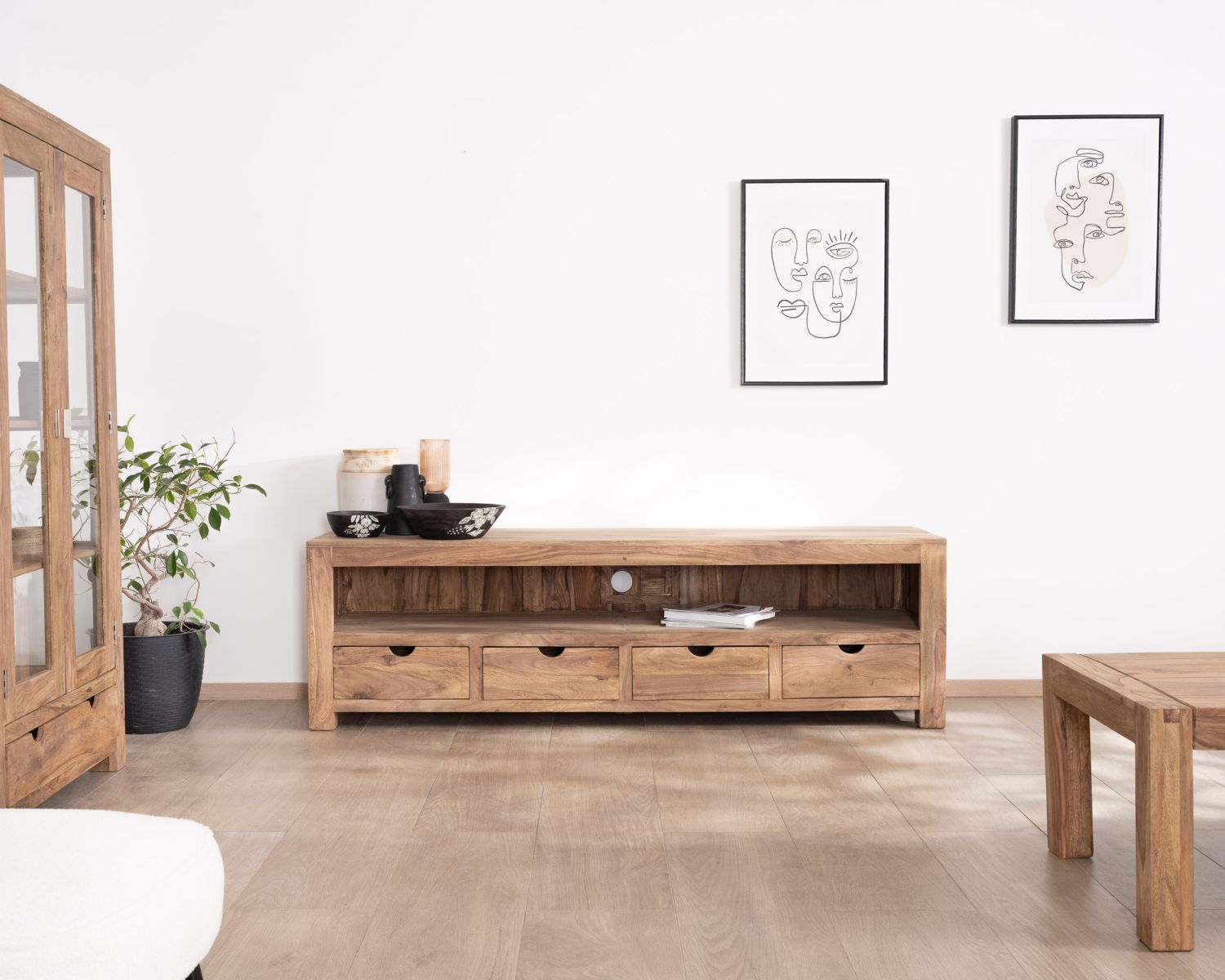 Panca TV in palissandro da 200 cm "Kalanohé" con nicchia e 4 cassetti