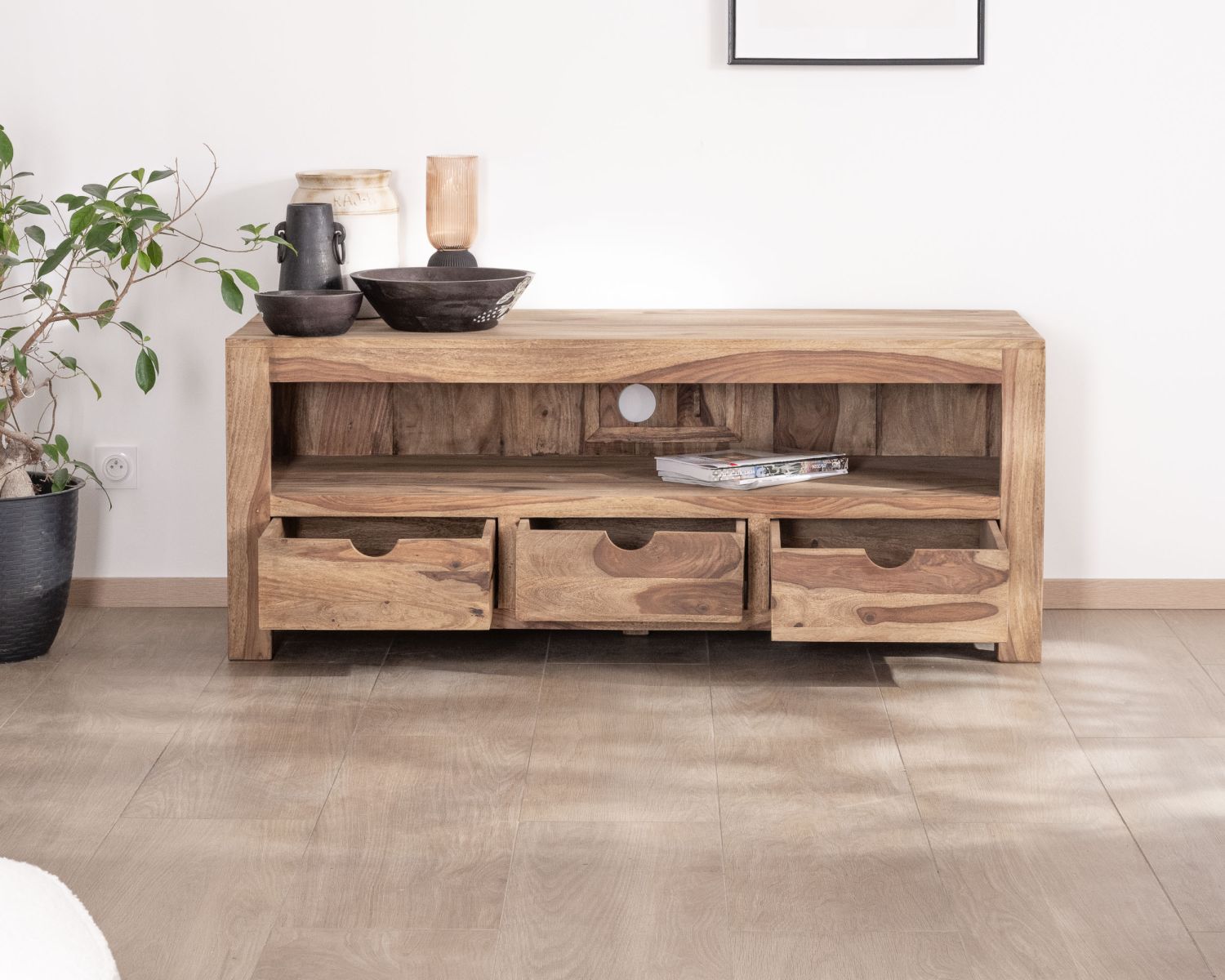 Porta TV in palissandro "Kalanohé" da 150 cm con ampia nicchia e 3 cassetti