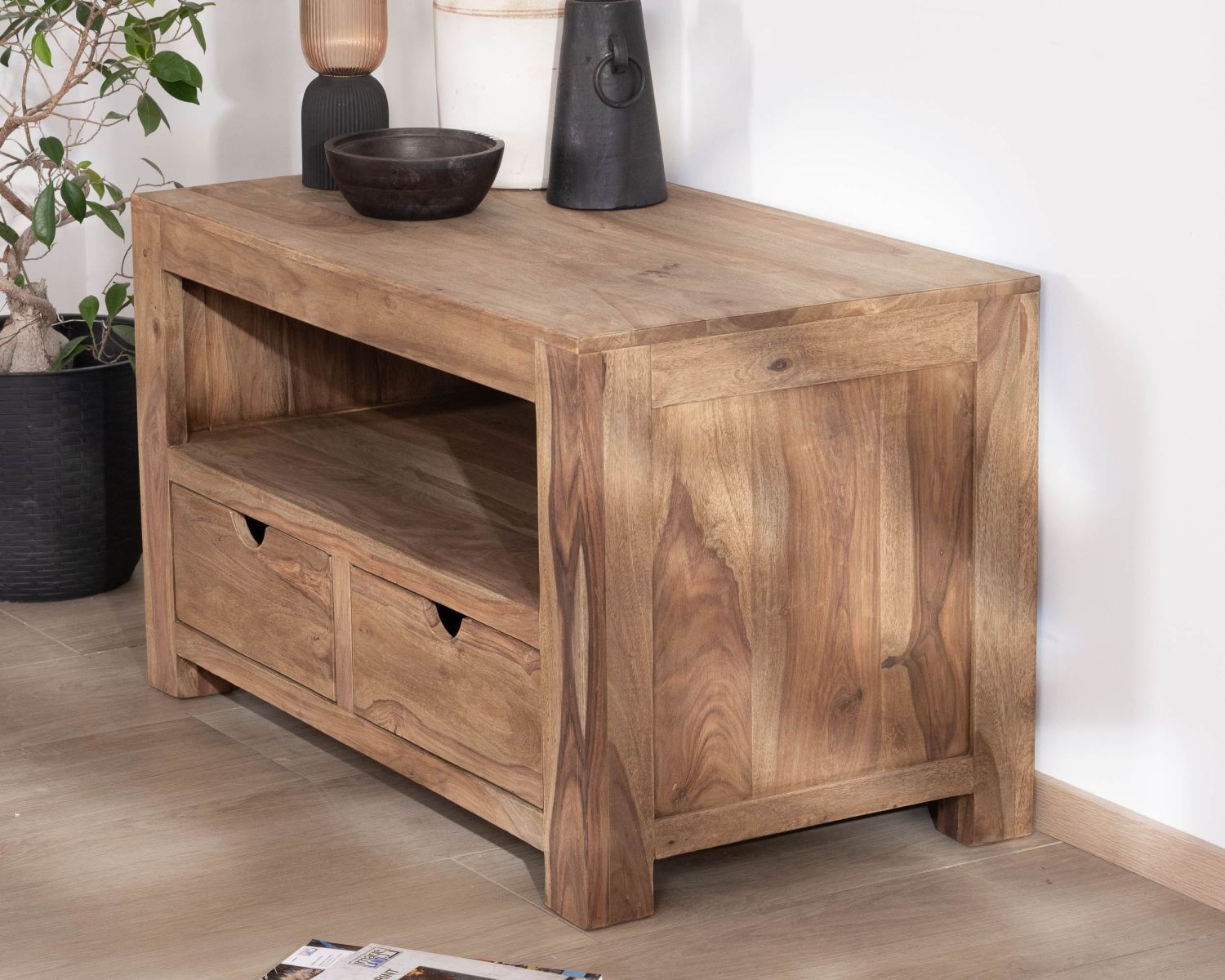 Porta TV compatto e funzionale in palissandro "Kalanohé" con nicchia e 2 cassetti