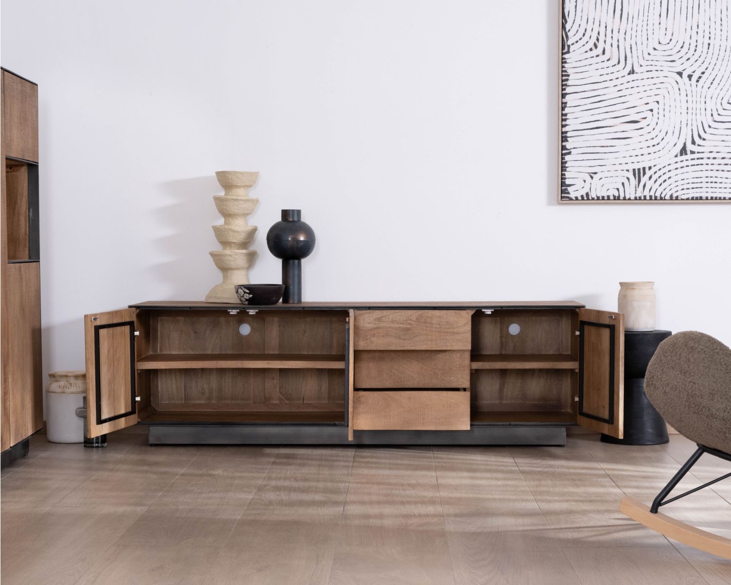 Panca TV "Santo" grande 180 cm in legno di mango con ante e cassetti